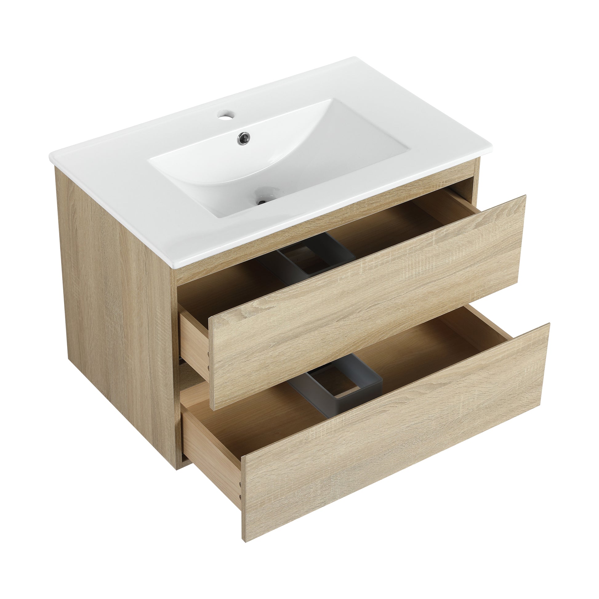 30" Wall Mounted Bathroom Vanity With Ceramic Sink, 2 Soft Close Drawers, Kd Package 2 Light Oak Bathroom Wall Mounted Modern Plywood