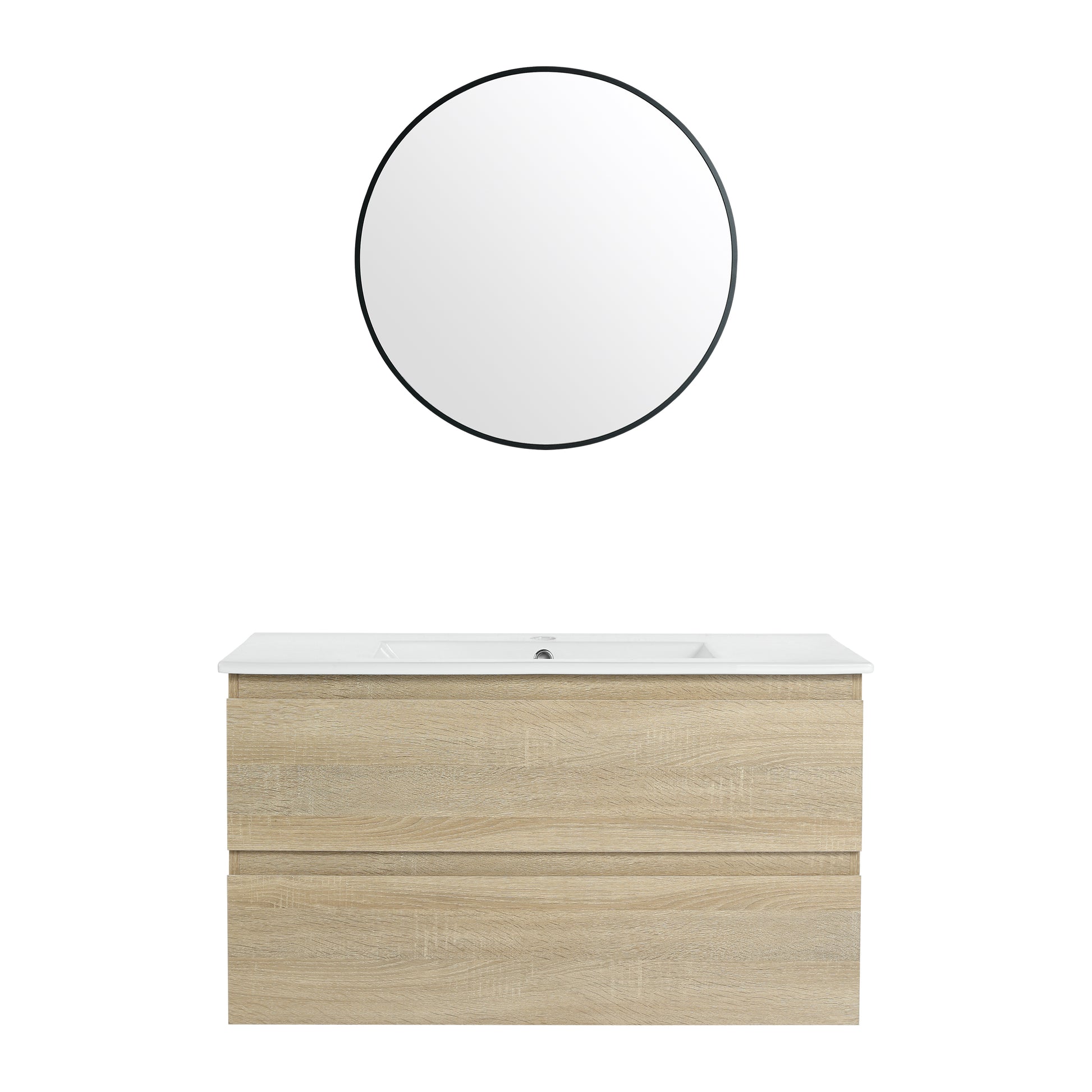 36" Wall Mounted Bathroom Vanity With Ceramic Sink, 2 Soft Close Drawers, Kd Package 2 Light Oak Bathroom Wall Mounted Modern Plywood