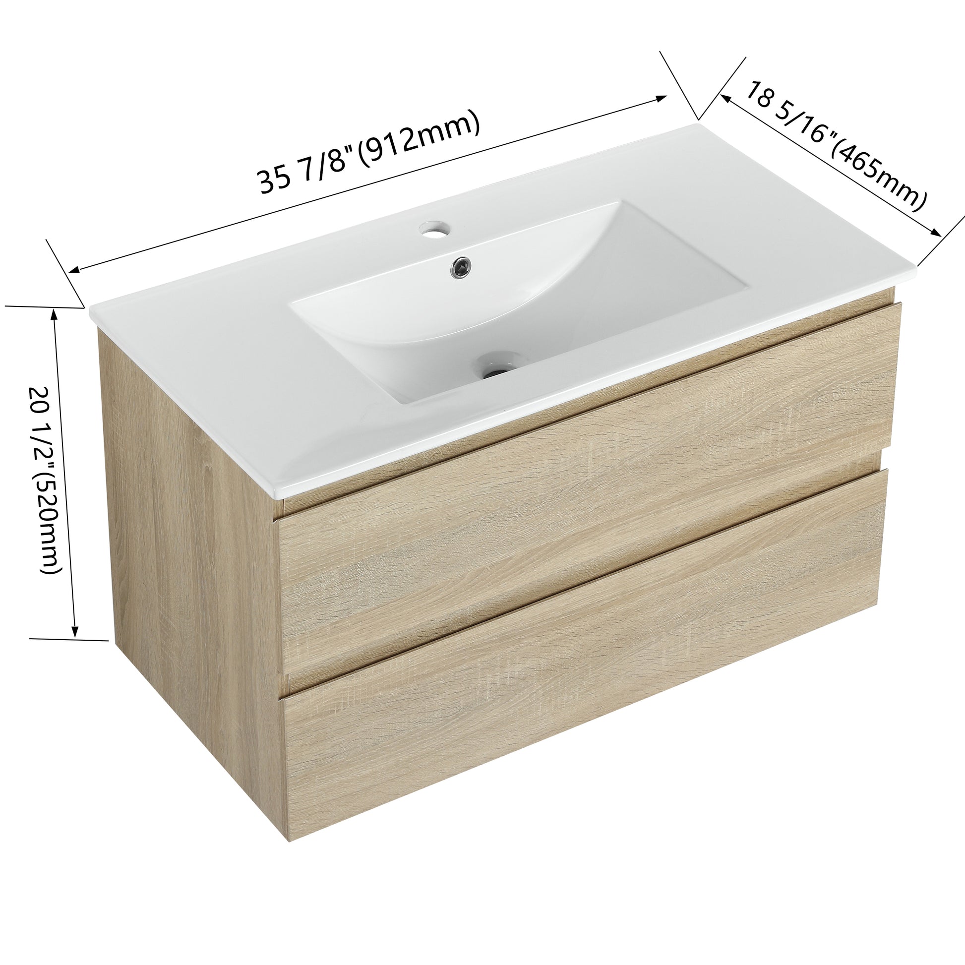 36" Wall Mounted Bathroom Vanity With Ceramic Sink, 2 Soft Close Drawers, Kd Package 2 Light Oak Bathroom Wall Mounted Modern Plywood