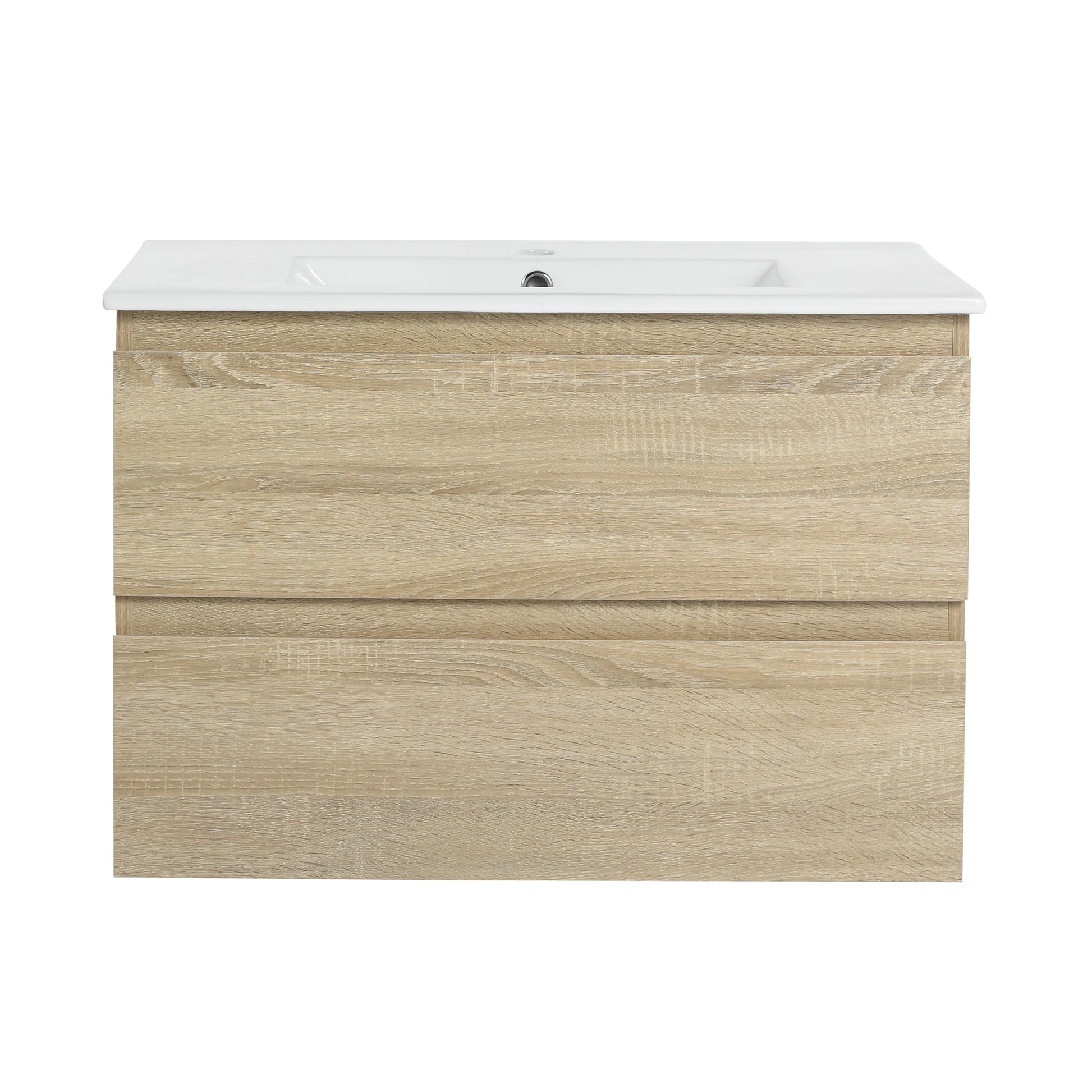 30" Wall Mounted Bathroom Vanity With Ceramic Sink, 2 Soft Close Drawers, Kd Package 2 Light Oak Bathroom Wall Mounted Modern Plywood