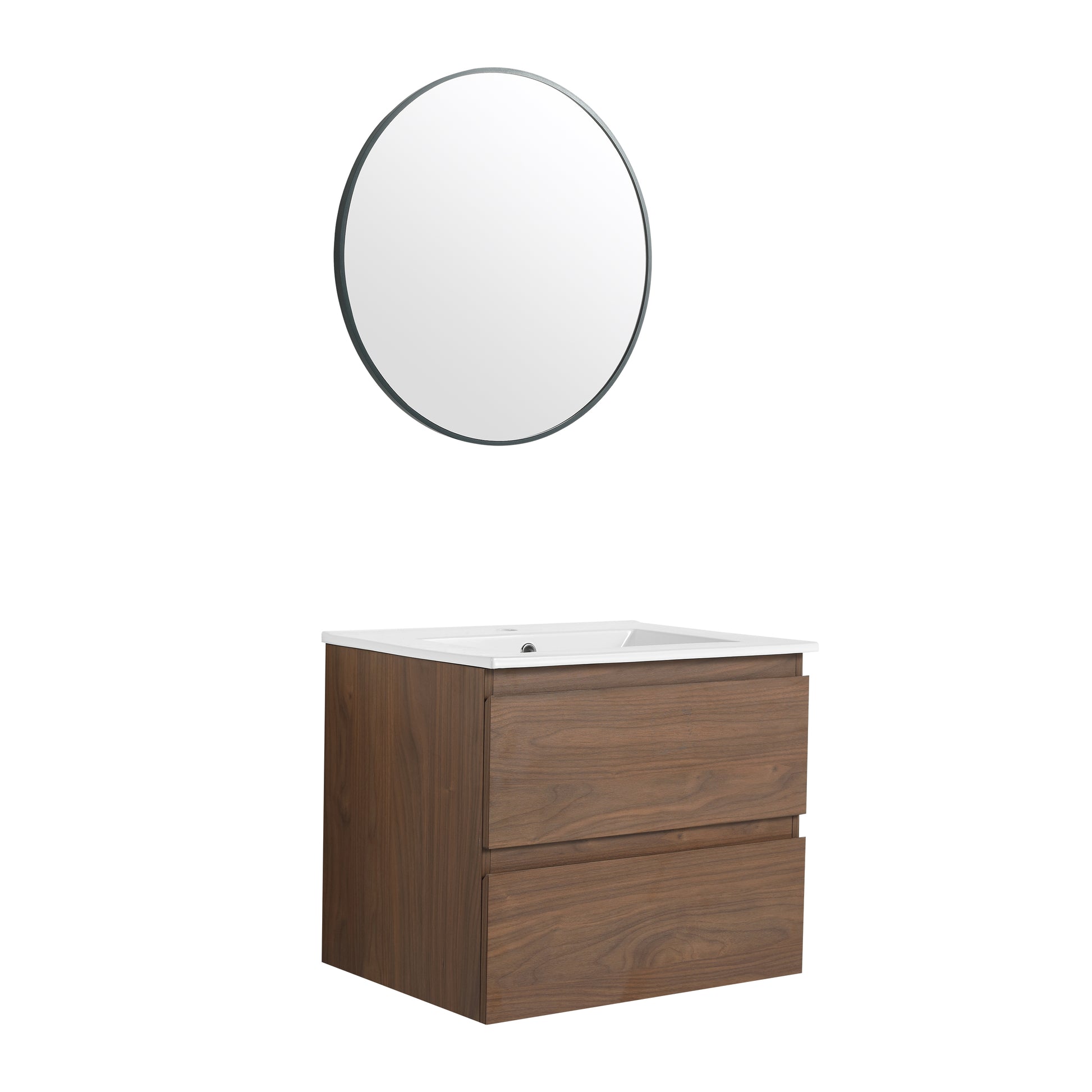 24" Wall Mounted Bathroom Vanity With Ceramic Sink, 2 Soft Close Drawers, Kd Package 2 Brown Oak Bathroom Wall Mounted Modern Plywood