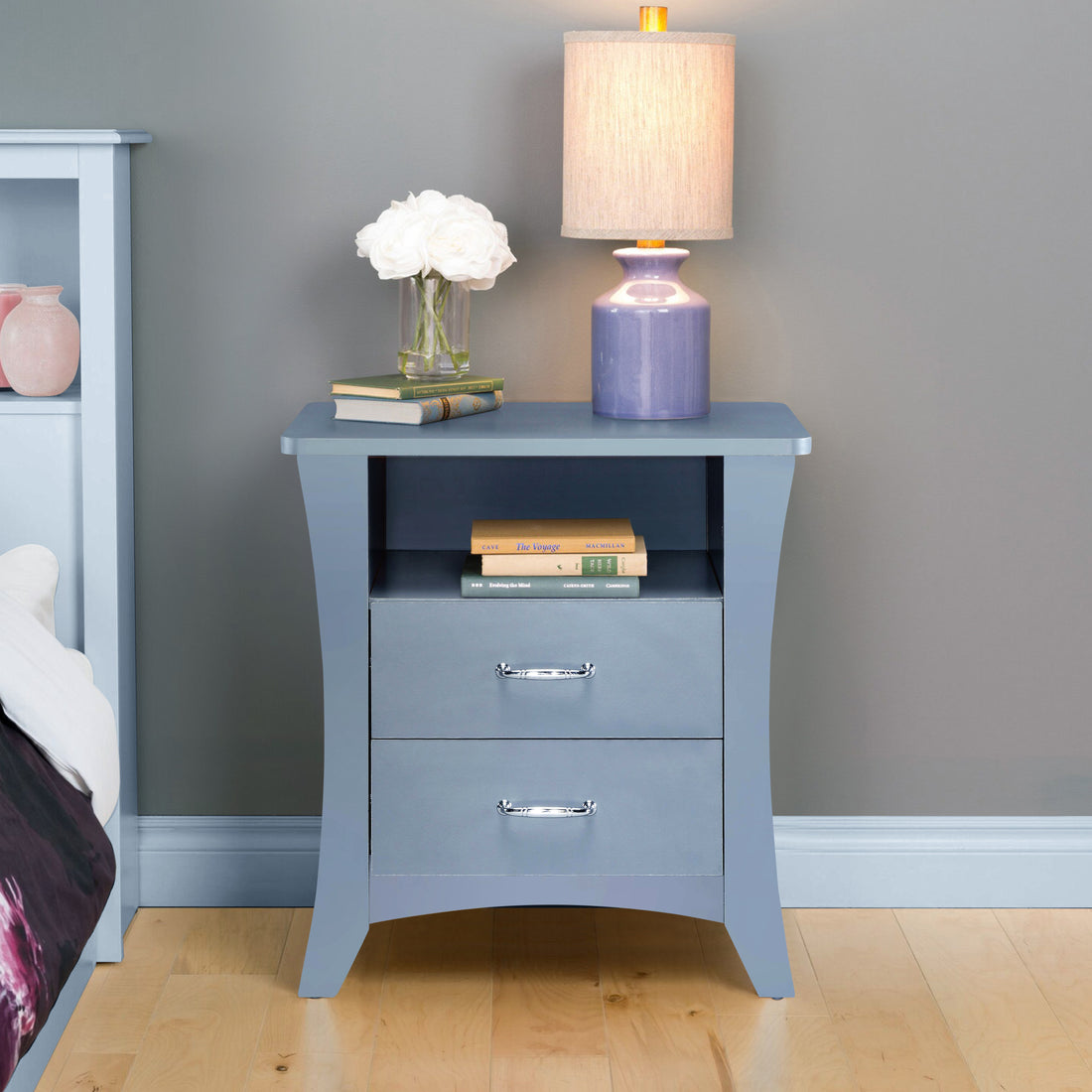 Grey Nightstand With 2 Drawers And Open Shelving Grey Gray 2 Drawers Bedroom Rectangle Drawers Wood