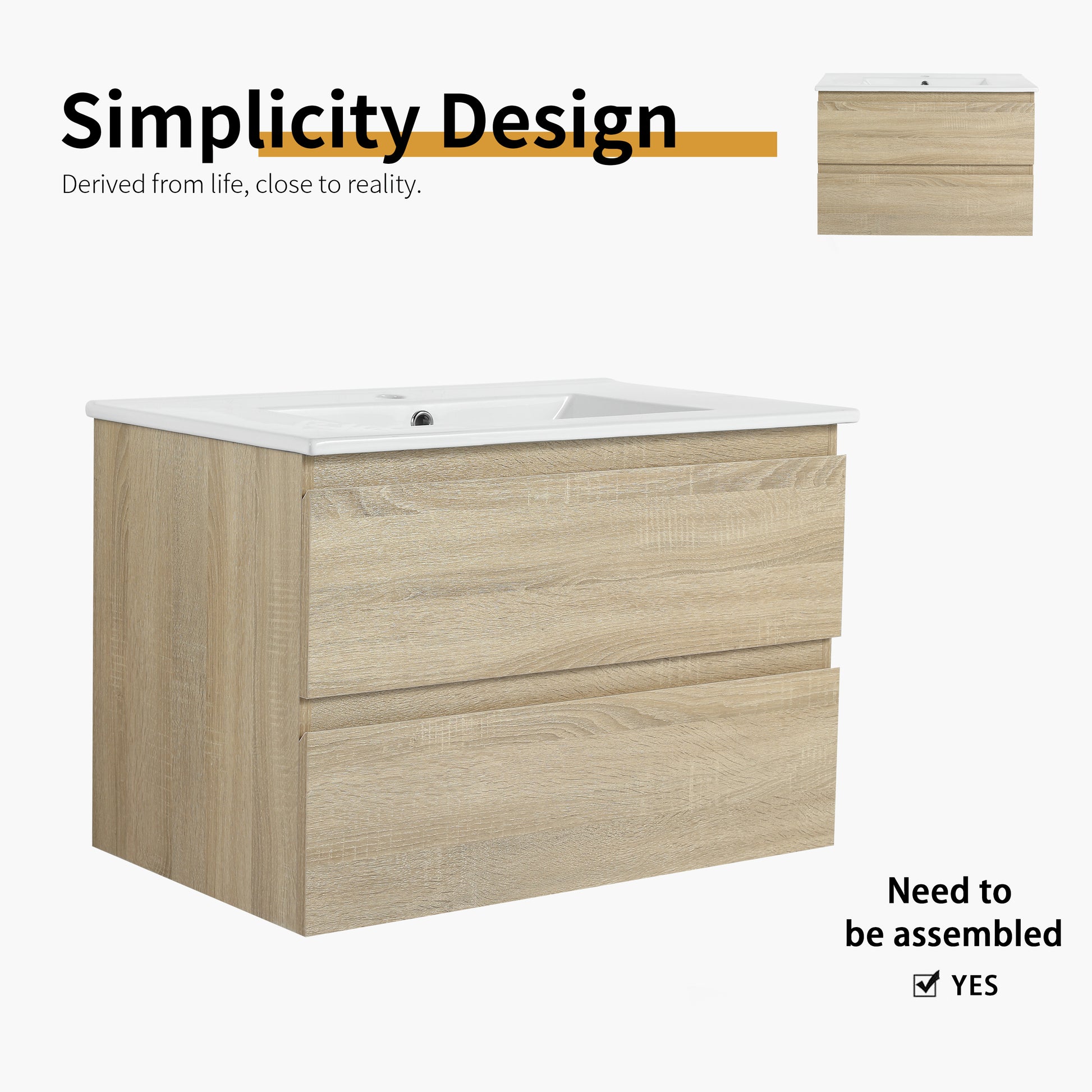 30" Wall Mounted Bathroom Vanity With Ceramic Sink, 2 Soft Close Drawers, Kd Package 2 Light Oak Bathroom Wall Mounted Modern Plywood