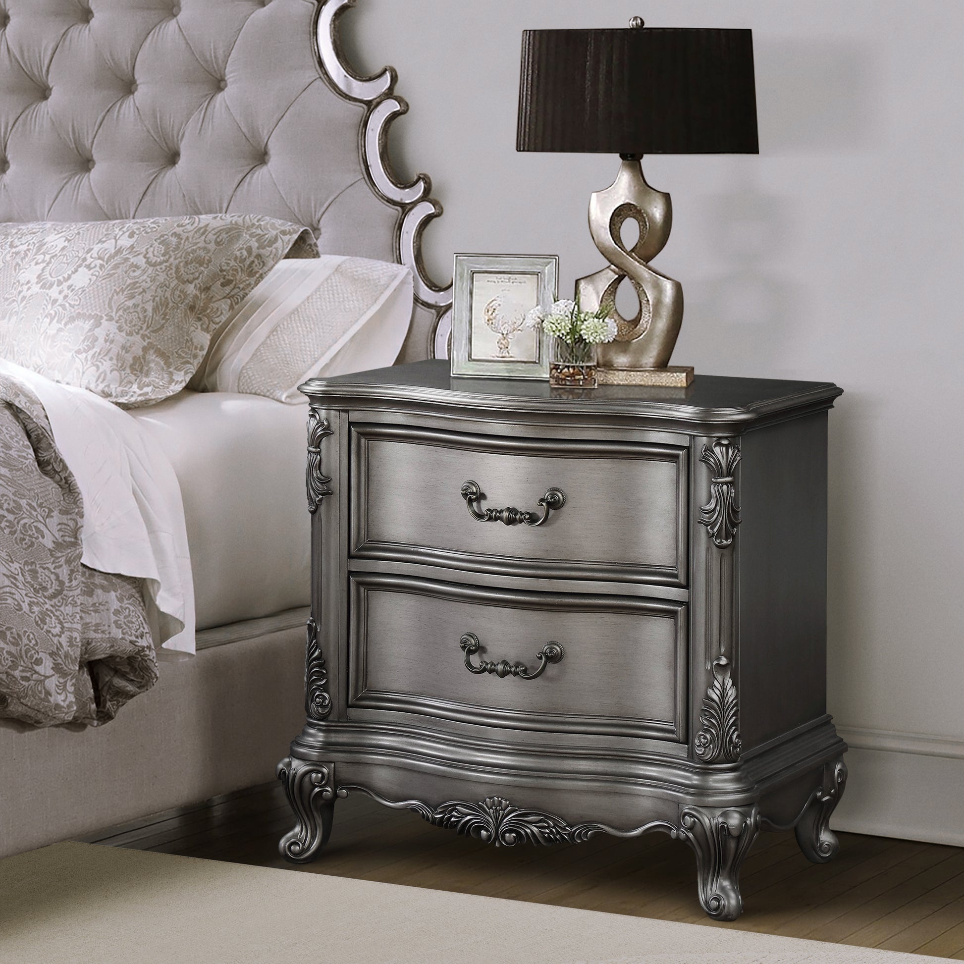 Antique Platinum 2 Drawer Nightstand Antique Gray Gray 2 Drawers Bedroom Rectangle Traditional Felt Lined Drawers Antique Wood