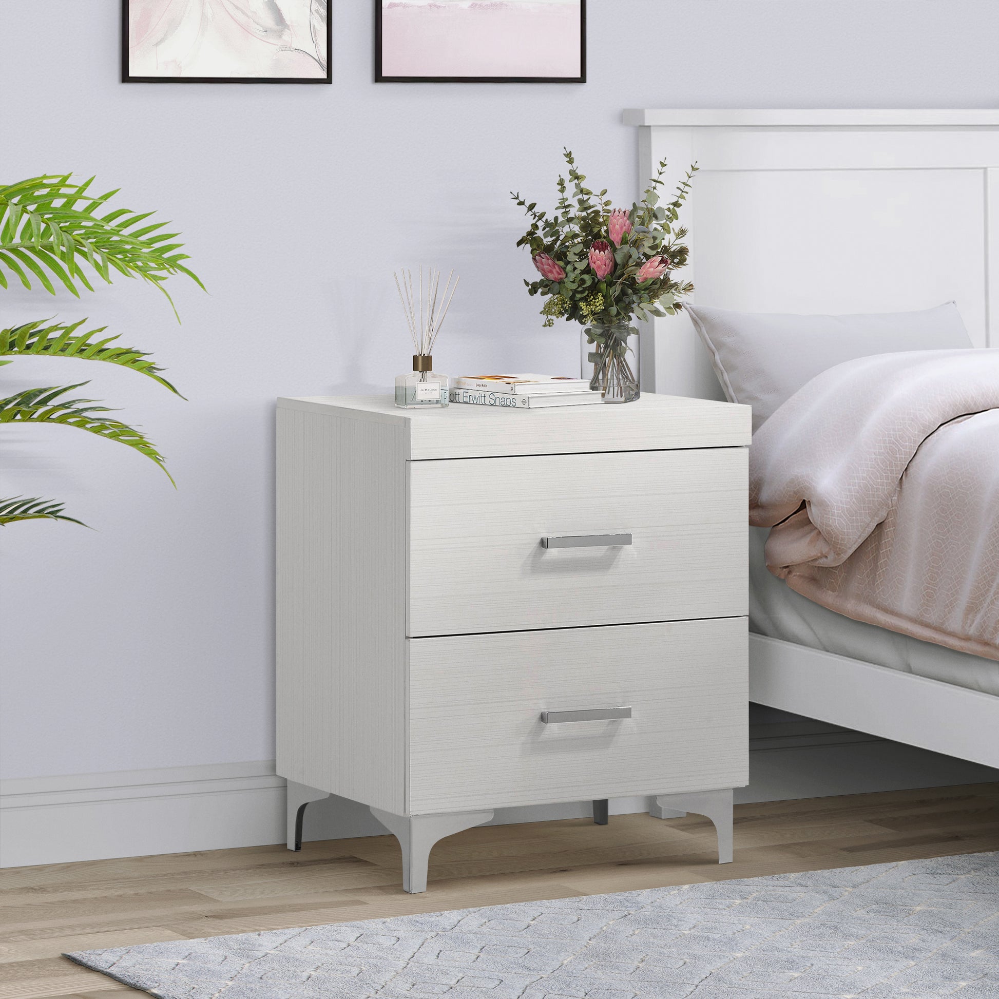 White 2 Drawer Nightstand White White 2 Drawers Bedroom Rectangle Poplar Solid Wood White Wood Metal