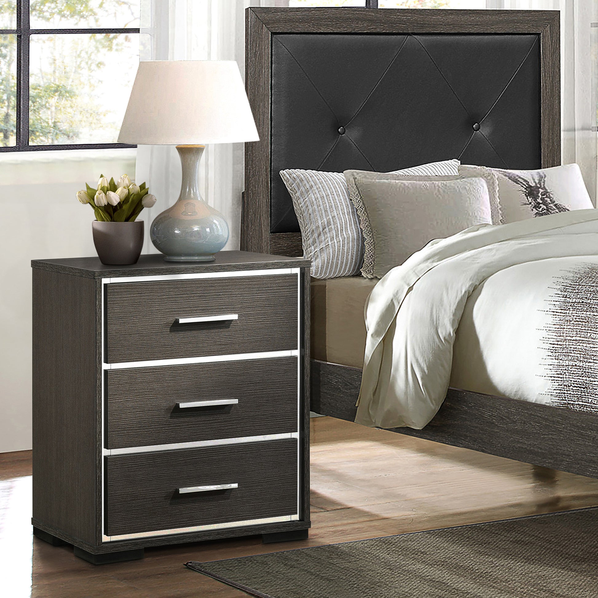 Grey Oak 3 Drawer Nightstand Oak 3 Drawers Bedroom Rectangle Modern Usb Port Oak Wood