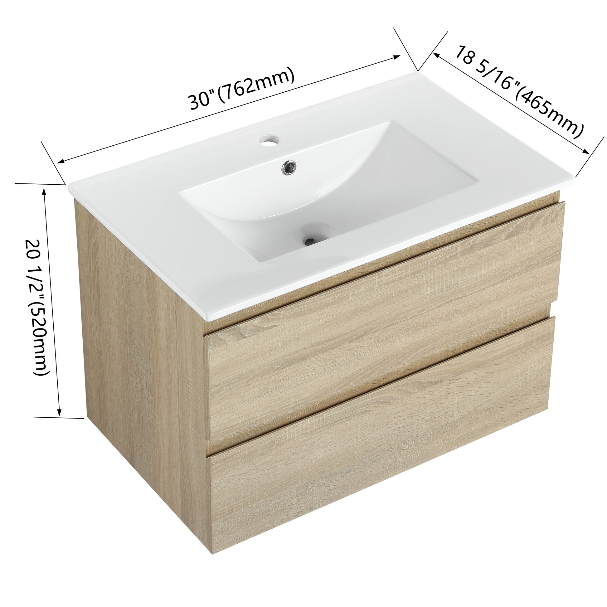 30" Wall Mounted Bathroom Vanity With Ceramic Sink, 2 Soft Close Drawers, Kd Package 2 Light Oak Bathroom Wall Mounted Modern Plywood