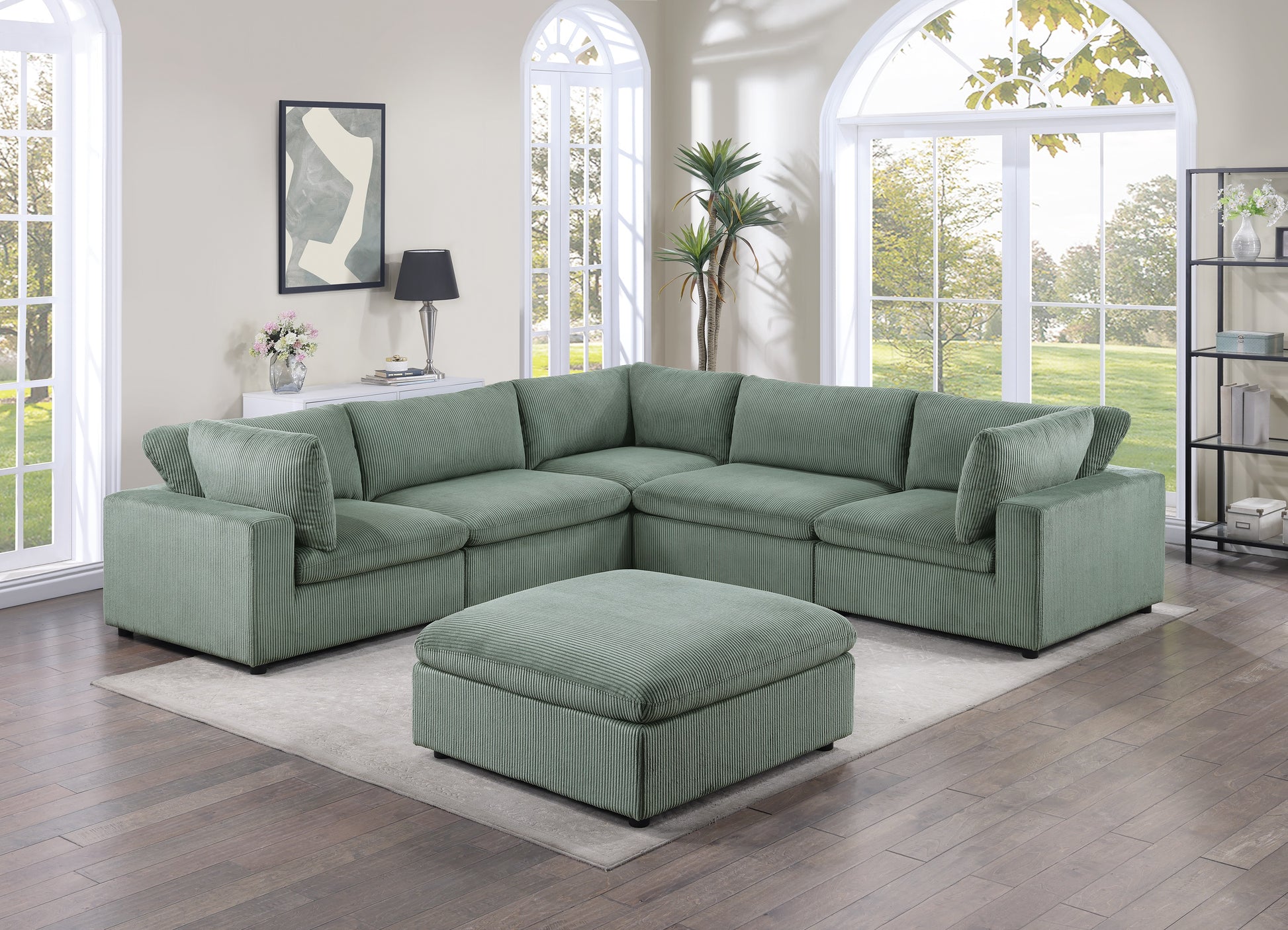 Contemporary Living Room Furniture Ottoman Sage Color Corduroy 1Pc Soft Cushion Ottoman Wood Legs Sage Primary Living Space Solid Contemporary,Modern Square Corduroy