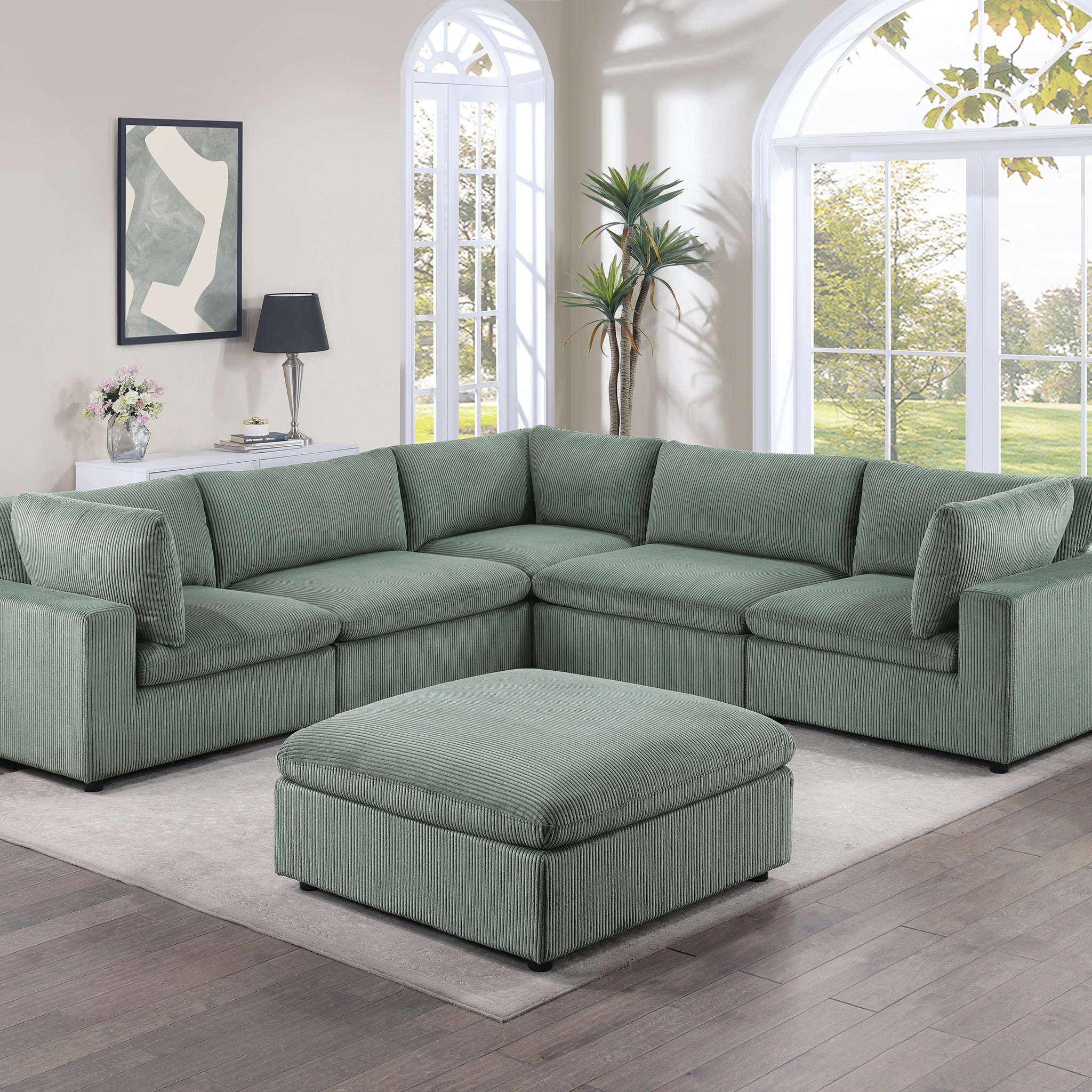 Sage Color 6Pc Modular Sectional Set Corduroy Upholstery Couch 3X Corner Wedge, 2X Armless Chairs 1X Ottoman Living Room Furniture Sage Primary Living Space Cushion Back Contemporary,Modern Modular Rubberwood Corduroy 6 Seat