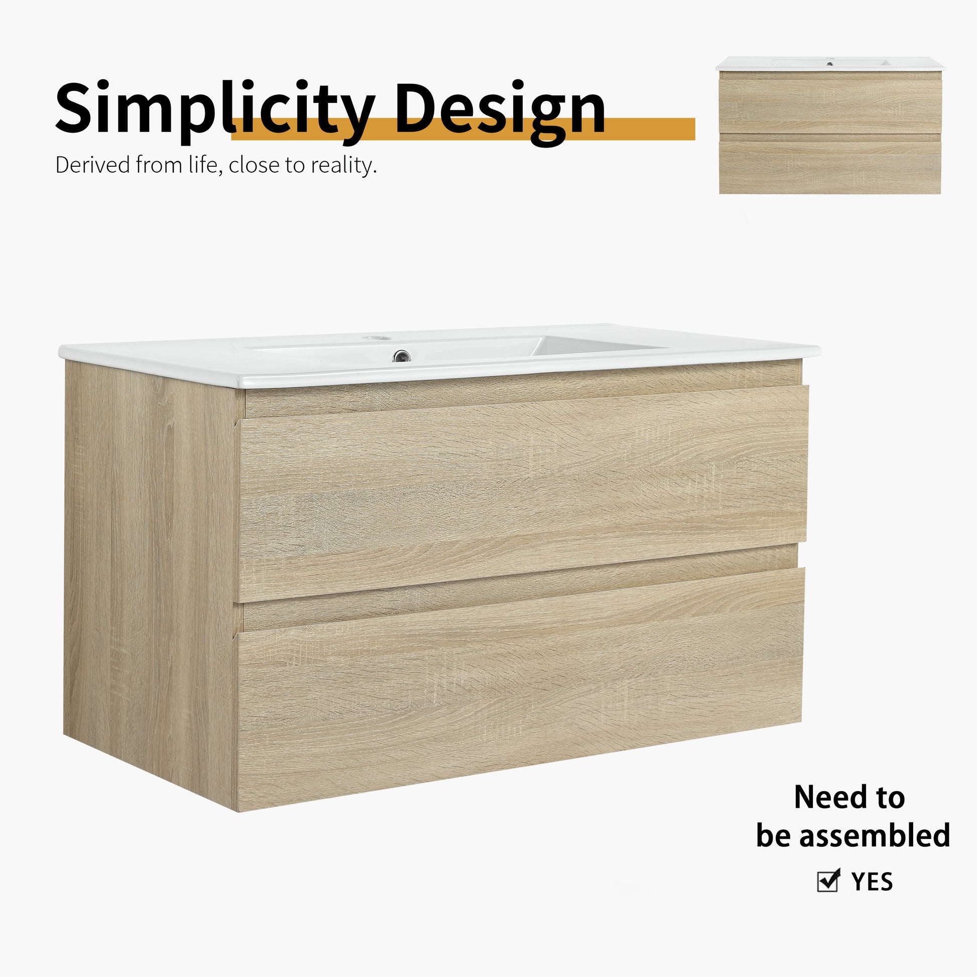 36" Wall Mounted Bathroom Vanity With Ceramic Sink, 2 Soft Close Drawers, Kd Package 2 Light Oak Bathroom Wall Mounted Modern Plywood