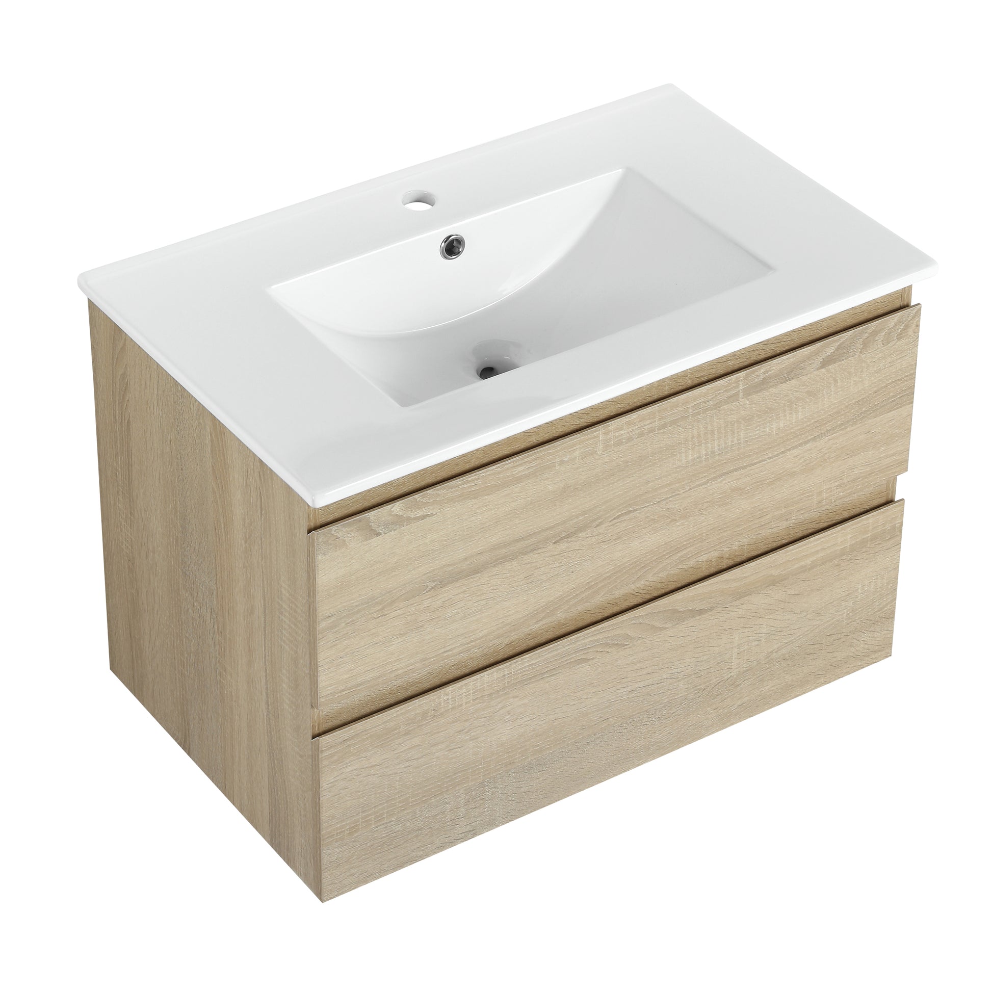 30" Wall Mounted Bathroom Vanity With Ceramic Sink, 2 Soft Close Drawers, Kd Package 2 Light Oak Bathroom Wall Mounted Modern Plywood