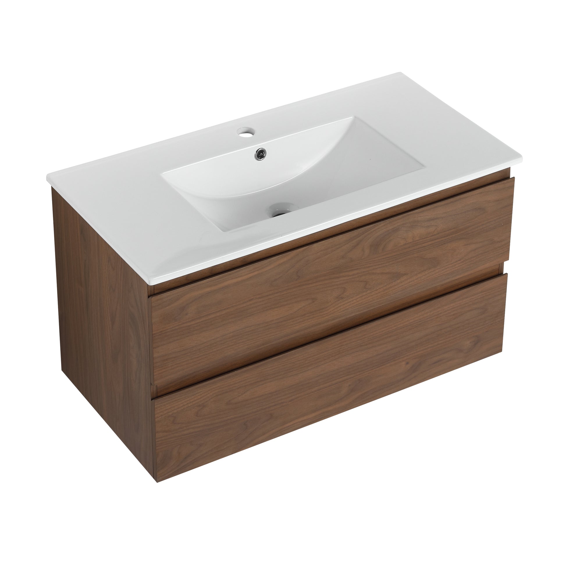 36" Wall Mounted Bathroom Vanity With Ceramic Sink, 2 Soft Close Drawers, Kd Package 2 Brown Oak Bathroom Wall Mounted Modern Plywood