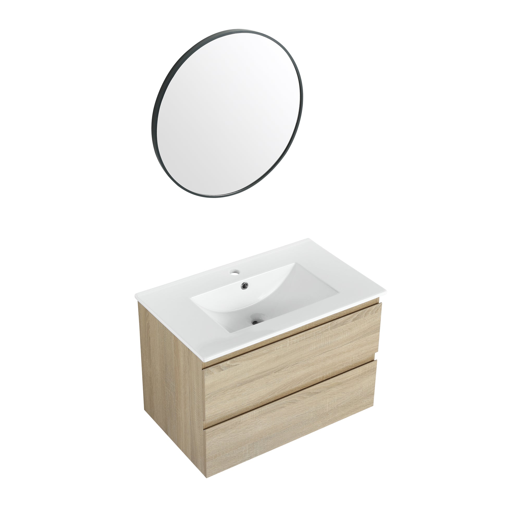 30" Wall Mounted Bathroom Vanity With Ceramic Sink, 2 Soft Close Drawers, Kd Package 2 Light Oak Bathroom Wall Mounted Modern Plywood