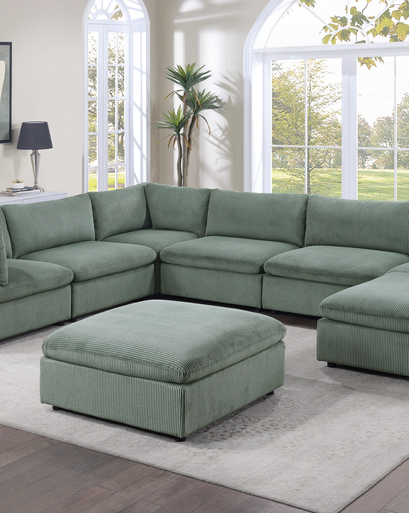 Contemporary Living Room Furniture Ottoman Sage Color Corduroy 1Pc Soft Cushion Ottoman Wood Legs Sage Primary Living Space Solid Contemporary,Modern Square Corduroy