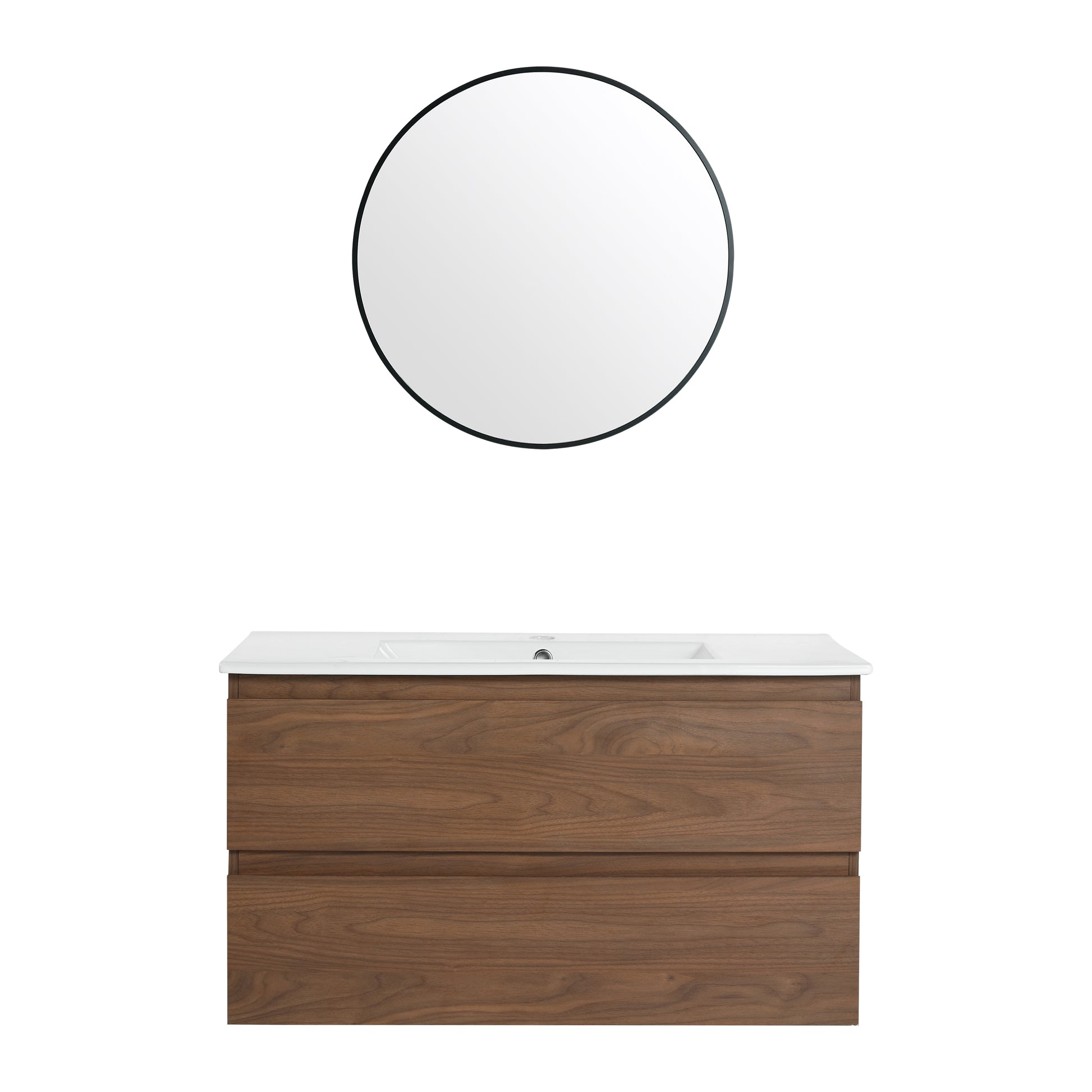 36" Wall Mounted Bathroom Vanity With Ceramic Sink, 2 Soft Close Drawers, Kd Package 2 Brown Oak Bathroom Wall Mounted Modern Plywood