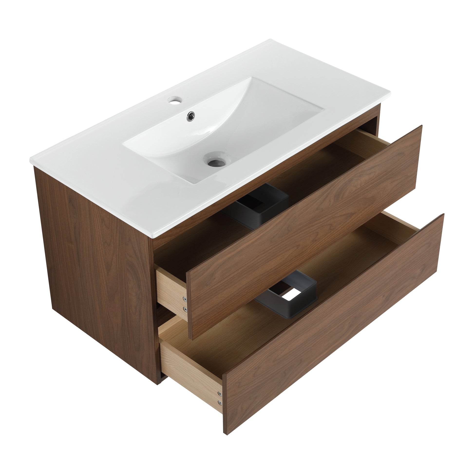 36" Wall Mounted Bathroom Vanity With Ceramic Sink, 2 Soft Close Drawers, Kd Package 2 Brown Oak Bathroom Wall Mounted Modern Plywood