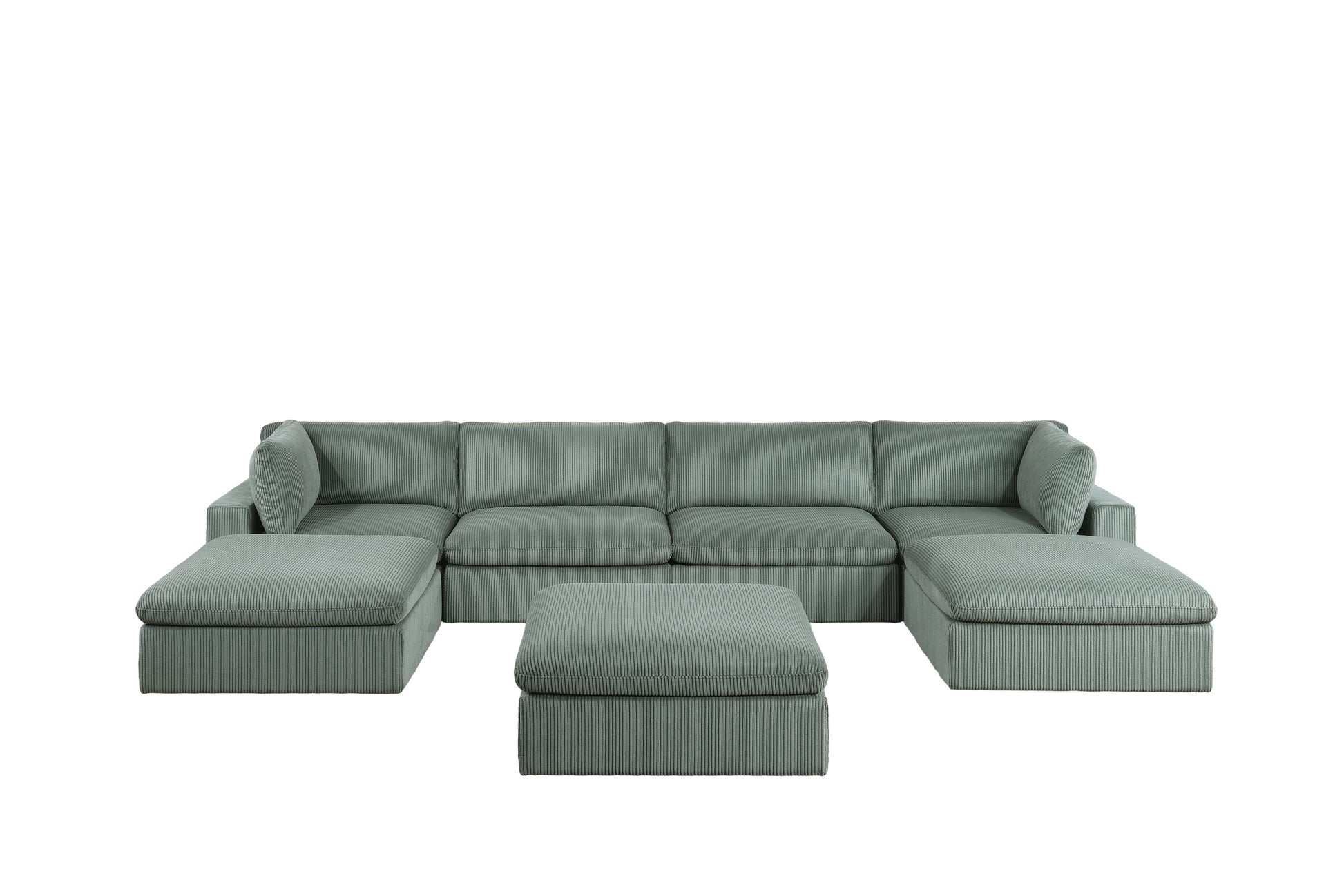 Sage Color 7Pc Modular Sectional Set Corduroy Upholstery Couch 2X Corner Wedge, 2X Armless Chairs 3X Ottomans Living Room Furniture Sage Primary Living Space Cushion Back Contemporary,Modern Modular Rubberwood Corduroy 7 Seat