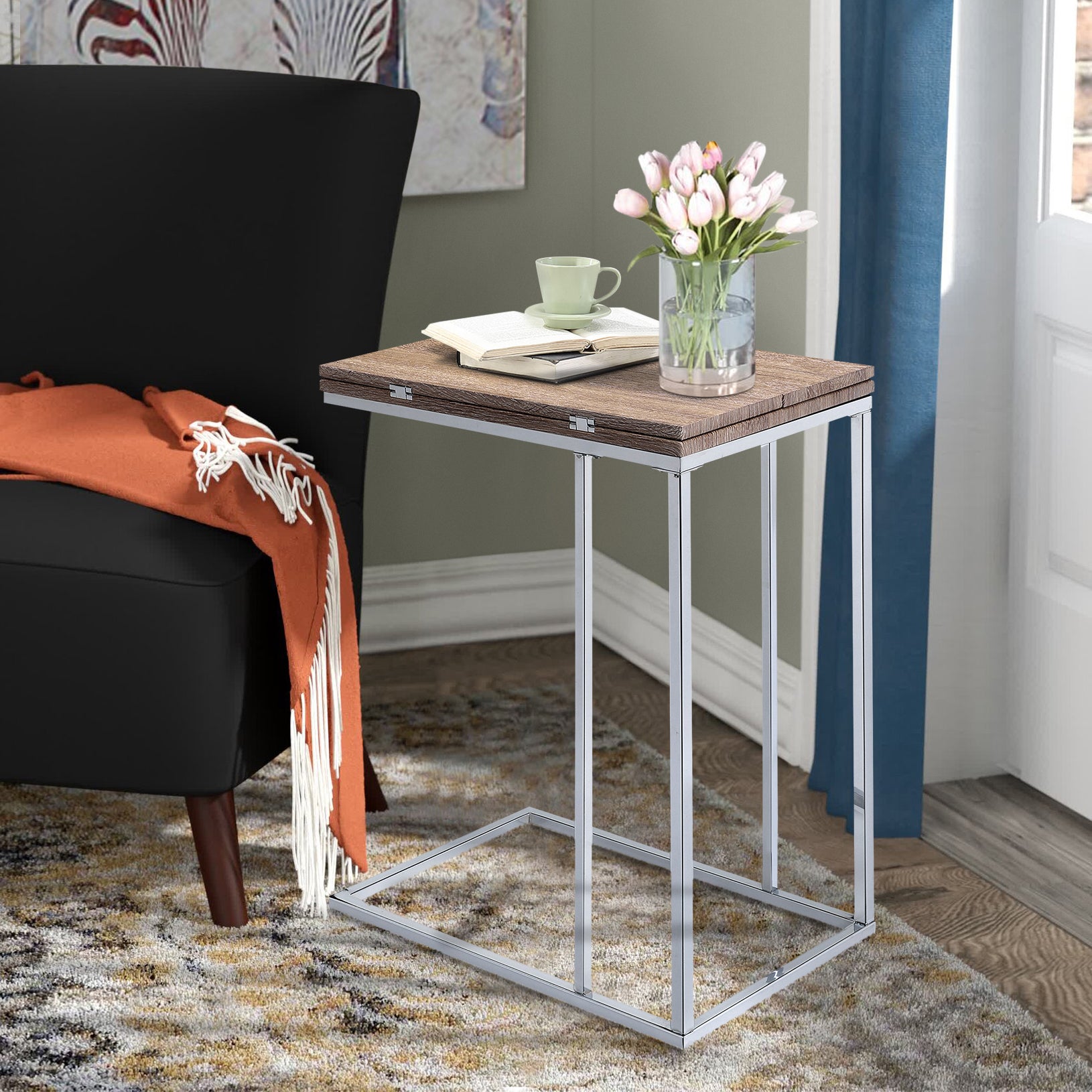 Weathered Oak And Chrome Side Table Oak Silver Primary Living Space Industrial Rectangular Wood Metal Sled