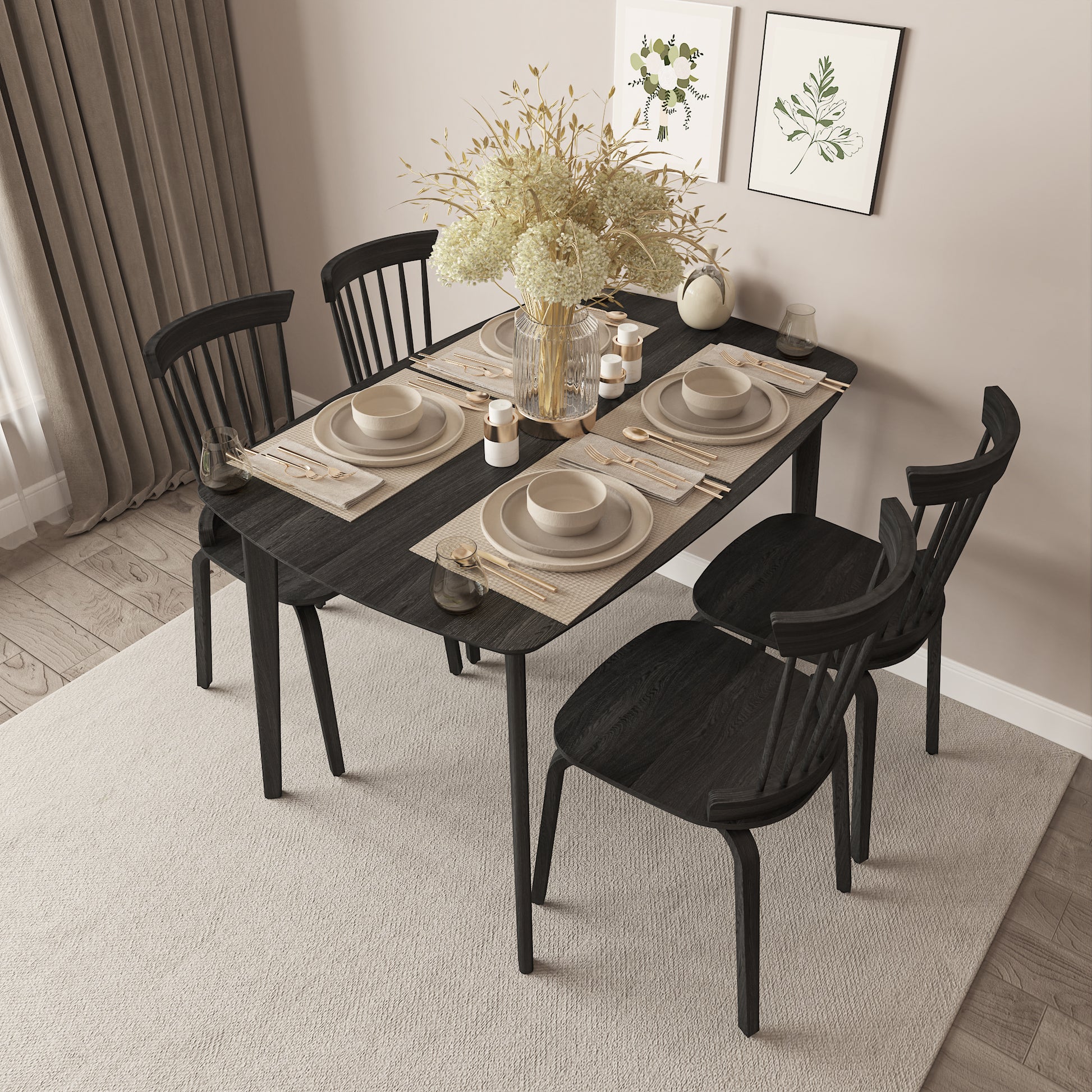 Solid Wood Dining Table With 4 Solid Wood Slat Back Windsor Chair, More Comfortable And Spacious Matching Use, Black Walnut Dining Room Varnished Set Of 4 Or More Plywood