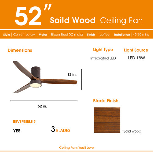 52 Inch Indoor Flush Mount Ceiling Fan With Led Light And Remote Control Coffee Metal & Wood