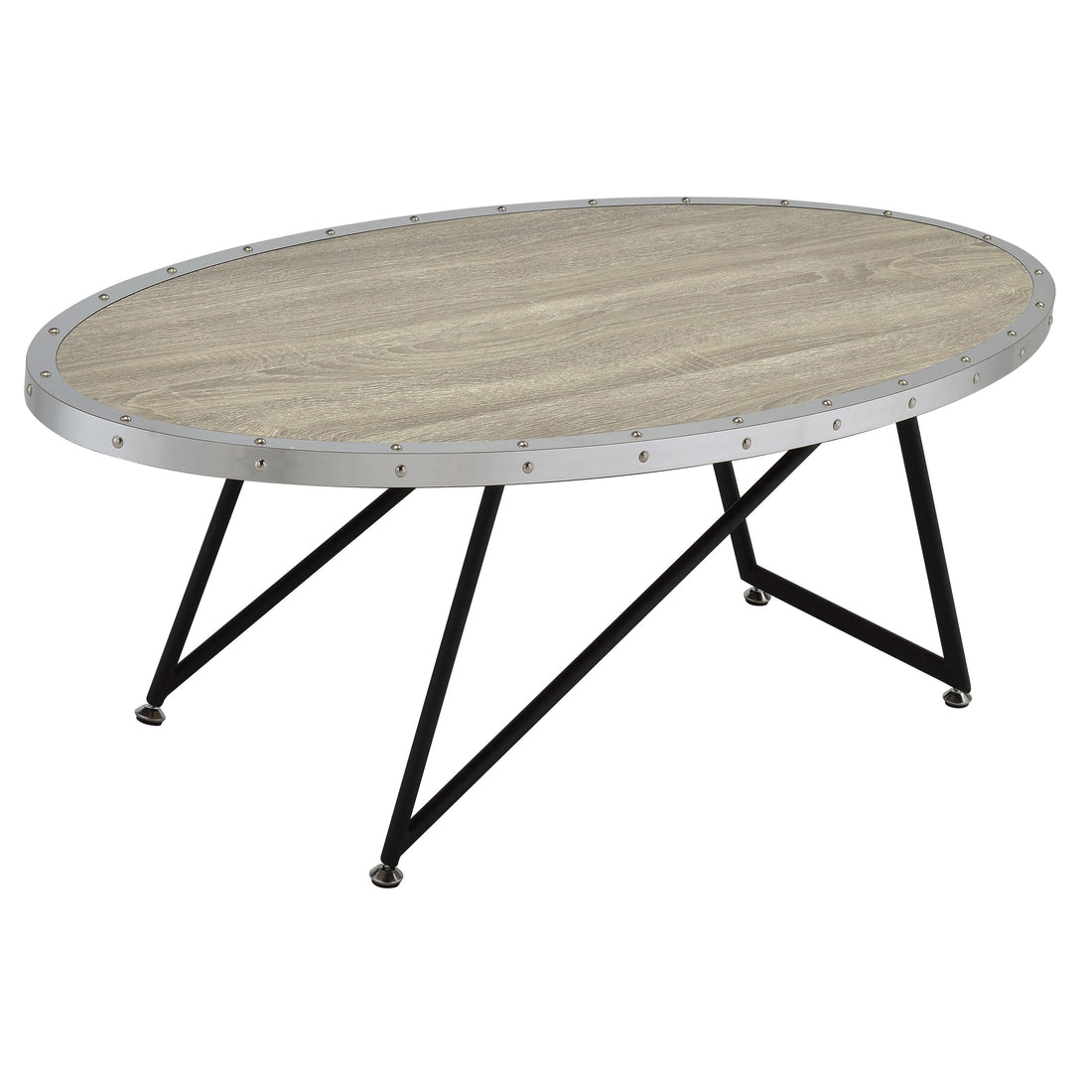 Weathered Grey Oak And Black Oval Coffee Table Grey Black Primary Living Space Industrial Oval Wood Metal Sled