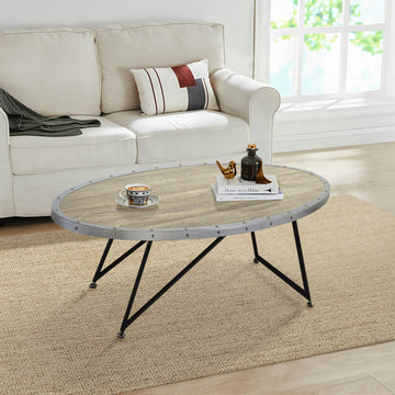 Weathered Grey Oak And Black Oval Coffee Table Grey Black Primary Living Space Industrial Oval Wood Metal Sled