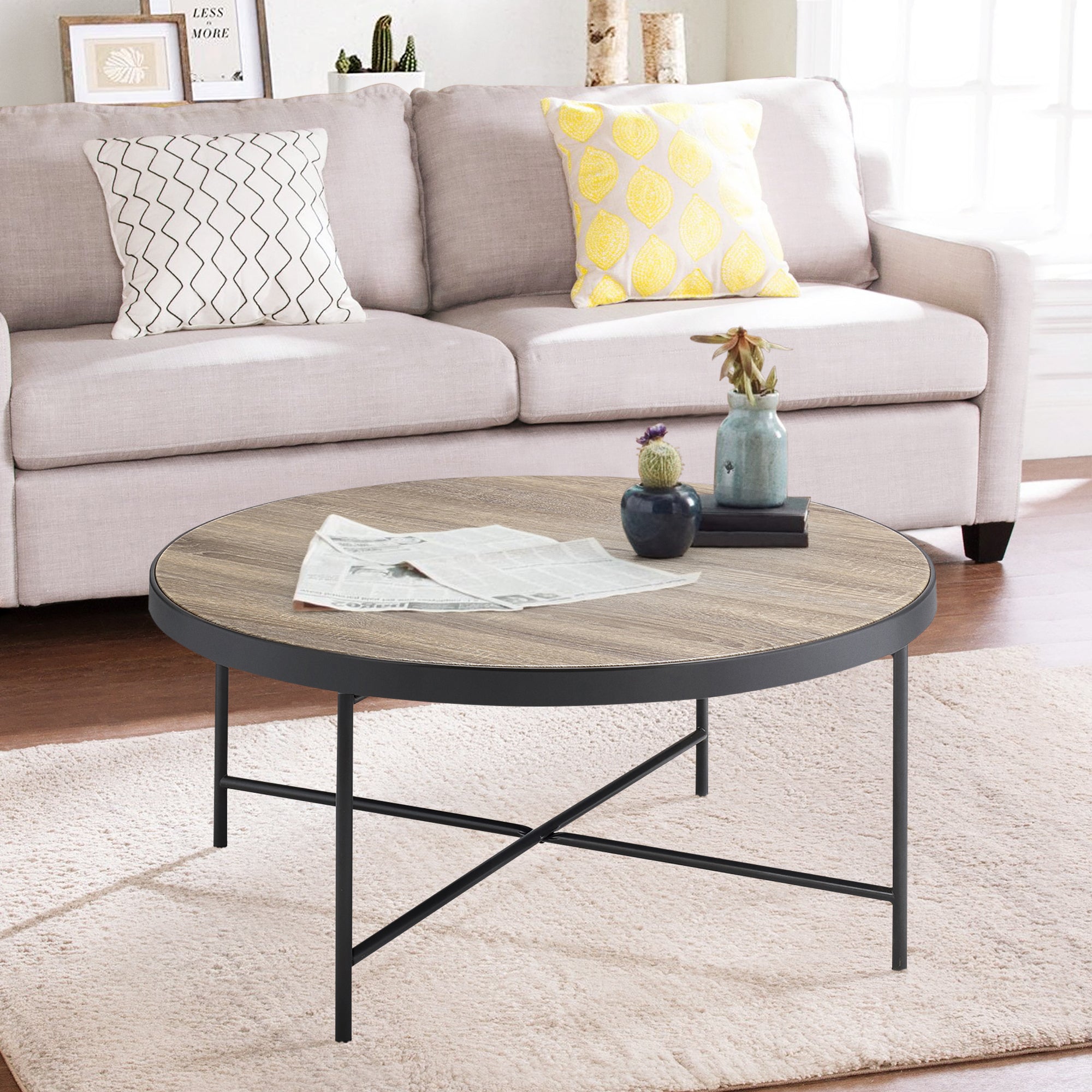 Weathered Grey Oak And Black Coffee Table Grey Black Primary Living Space Industrial Round Wood Metal