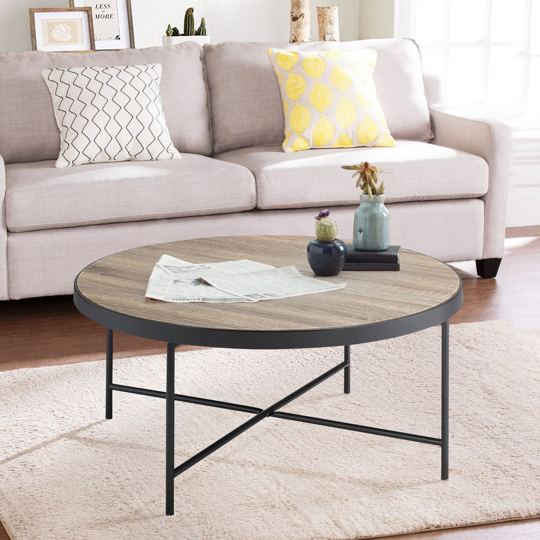 Weathered Grey Oak And Black Coffee Table Grey Black Primary Living Space Industrial Round Wood Metal