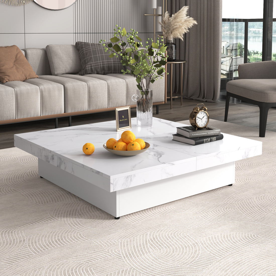 Square Marble Veneer Coffee Table Sliding Top With Storage In White 39.4'' White Primary Living Space Square Mdf