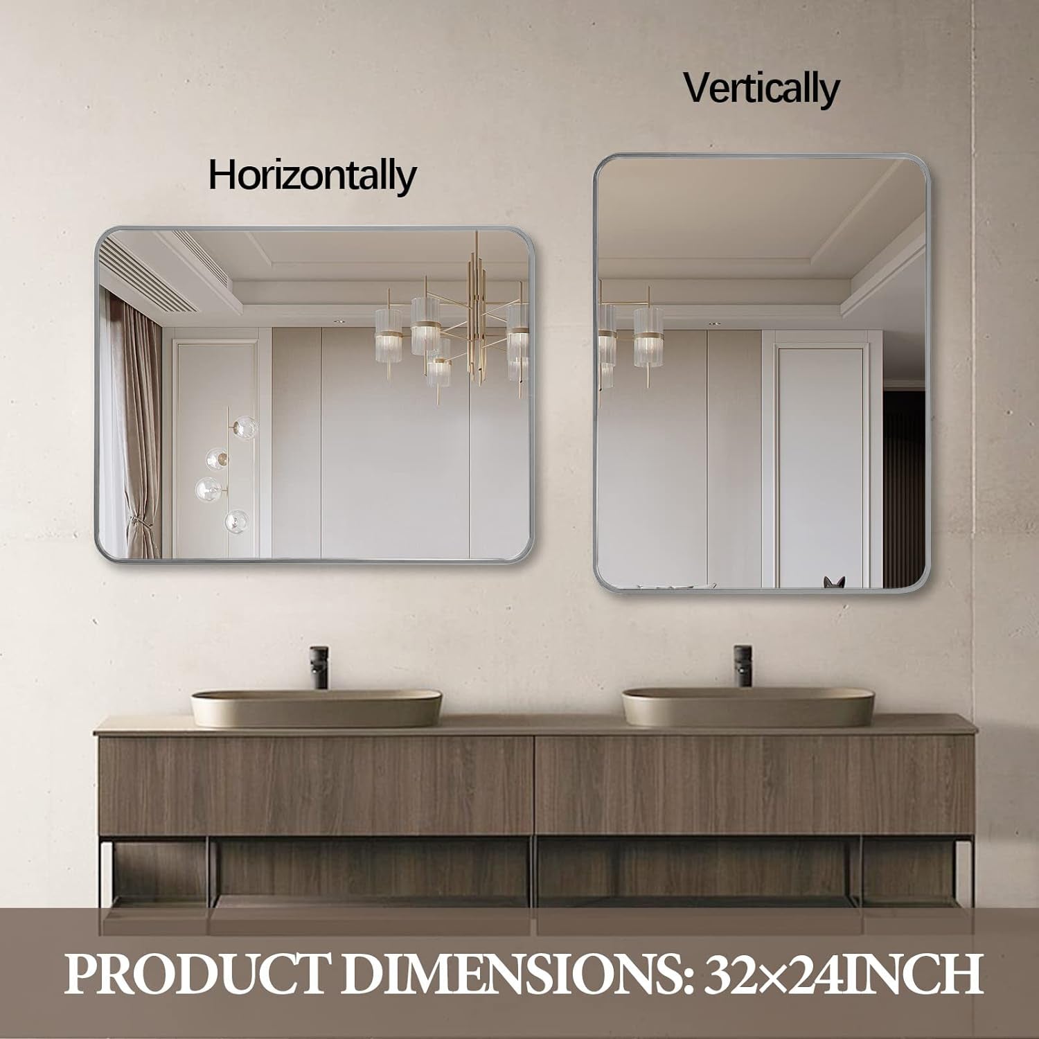 Silver 24 "X32" Rectangular Bathroom Wall Mirror Silver Classic Mdf Glass Aluminium Alloy