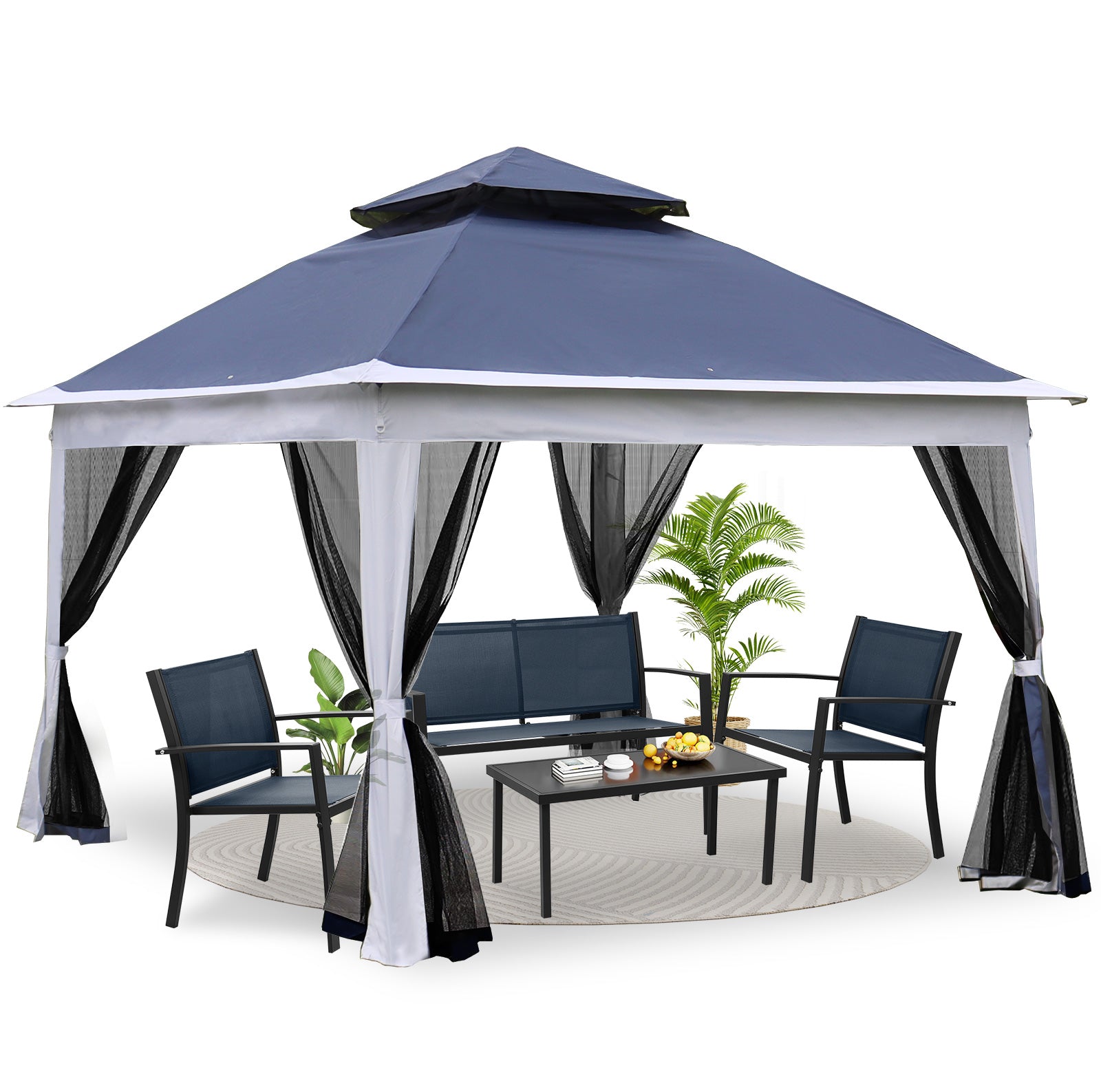 Outdoor 11X 11Ft Pop Up Gazebo Canopy With Removable Zipper Netting,2 Tier Soft Top Event Tent,Suitable For Patio Backyard Garden Camping Area,Blue Blue Metal