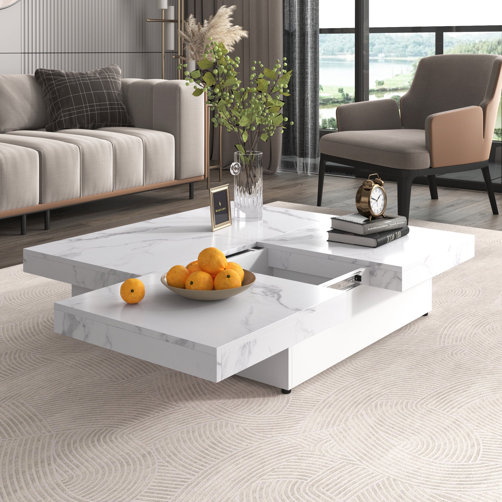 Square Marble Veneer Coffee Table Sliding Top With Storage In White 39.4'' White Primary Living Space Square Mdf