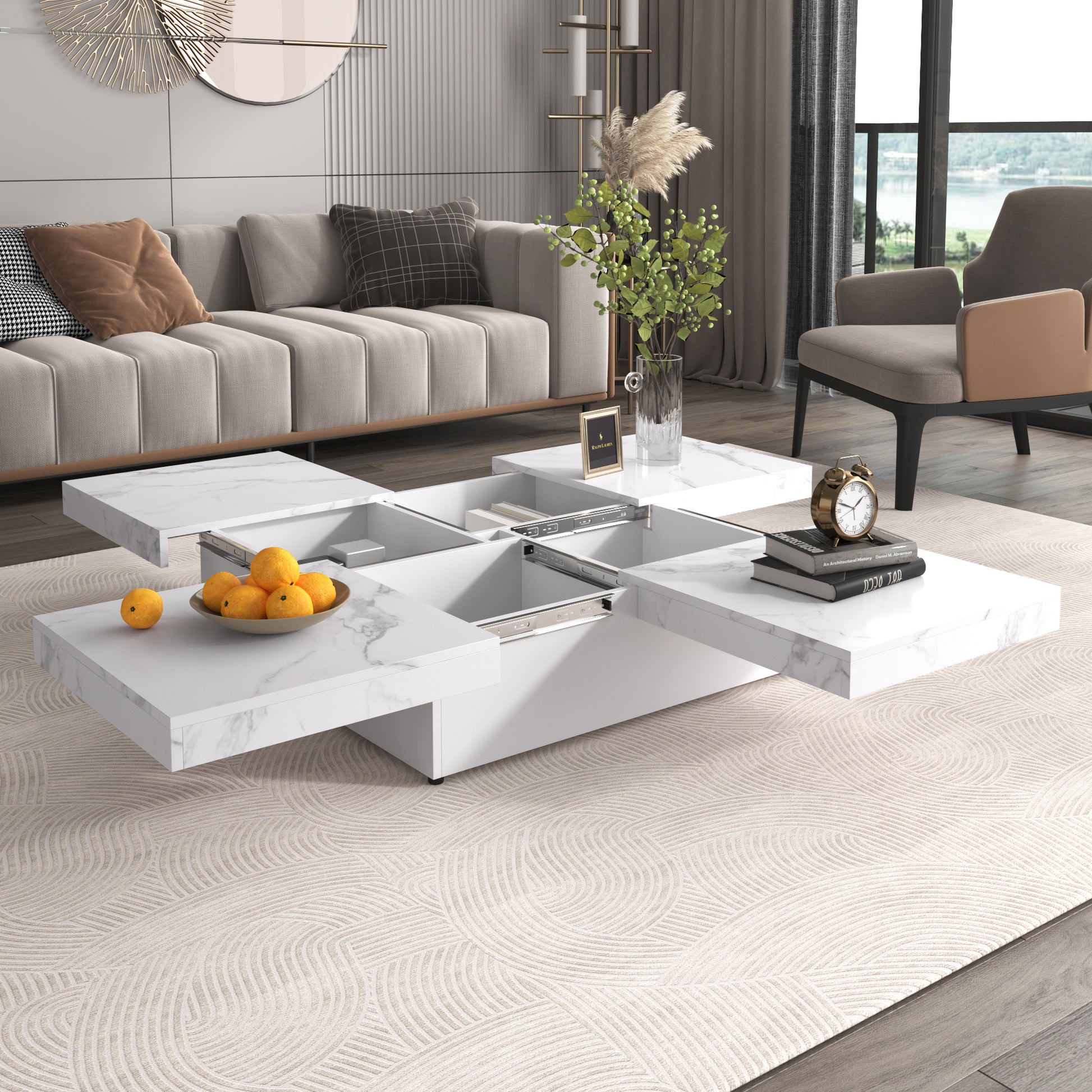 Square Marble Veneer Coffee Table Sliding Top With Storage In White 39.4'' White Primary Living Space Square Mdf