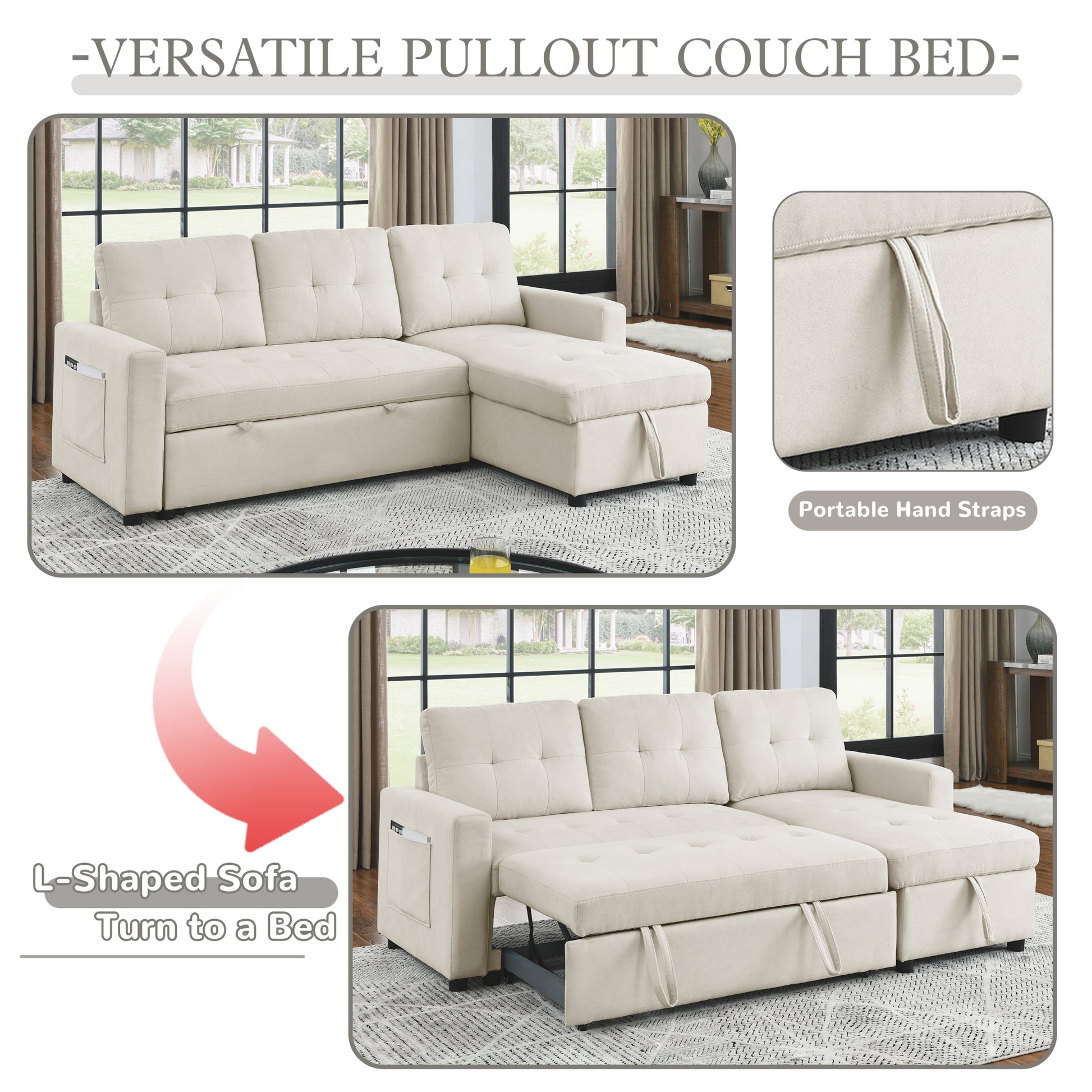 Mh 78.5" Sleeper Sofa Bed Reversible Sectional Couch With Storage Chaise And Side Storage Bag For Small Space Living Room Furniture Set Beige Primary Living Space Eucalyptus Polyester Fabric 3 Seat