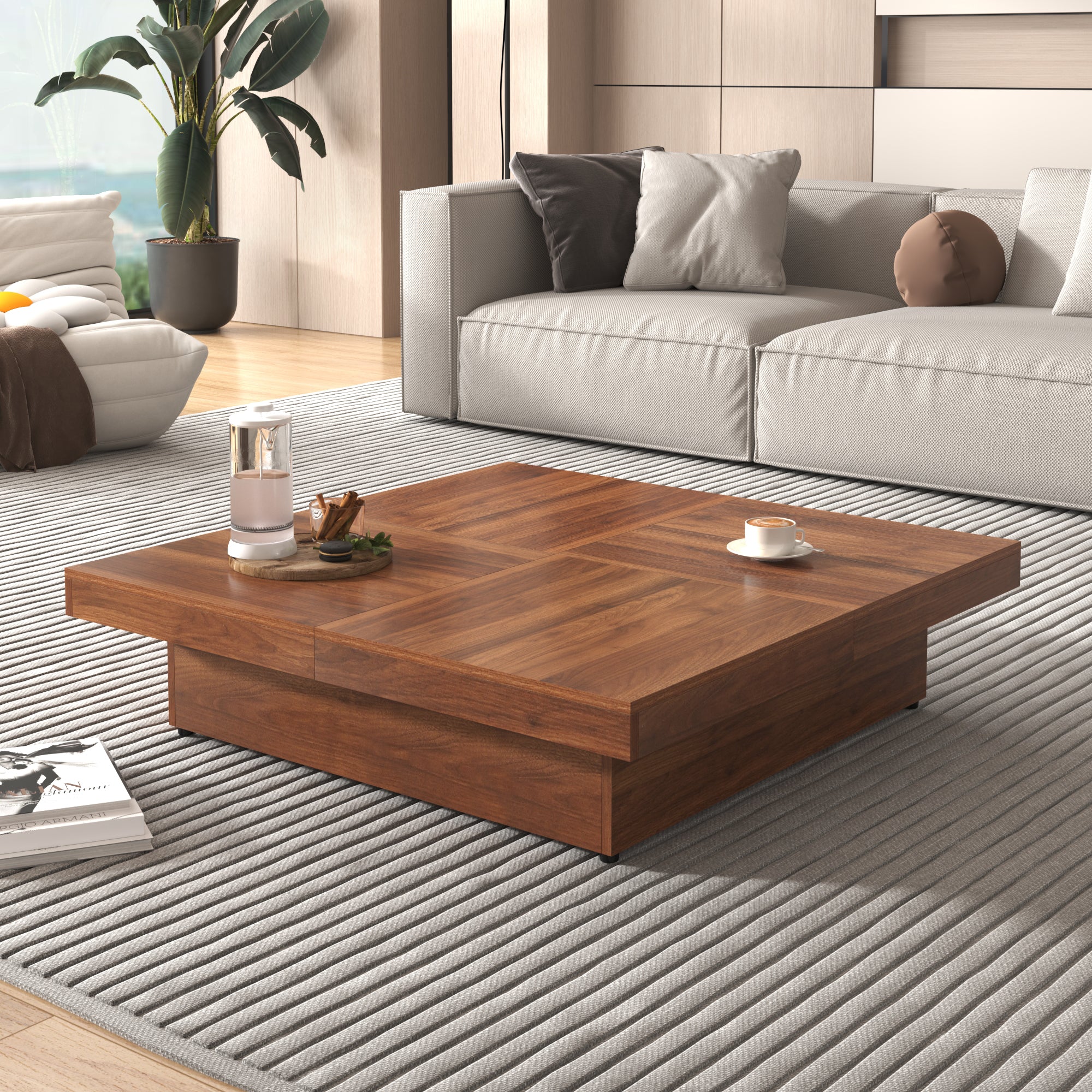 Square Marble Veneer Coffee Table Sliding Top With Storage In Walnut 3
