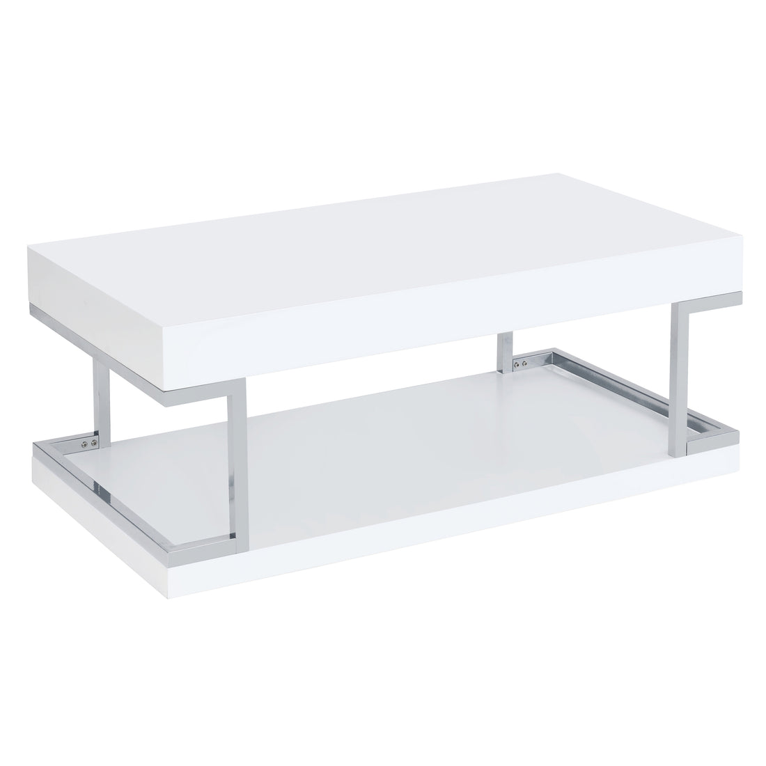 White High Gloss And Chrome Coffee Table With Bottom Shelf White Silver Primary Living Space Modern Shelves Rectangular Wood Metal Sled