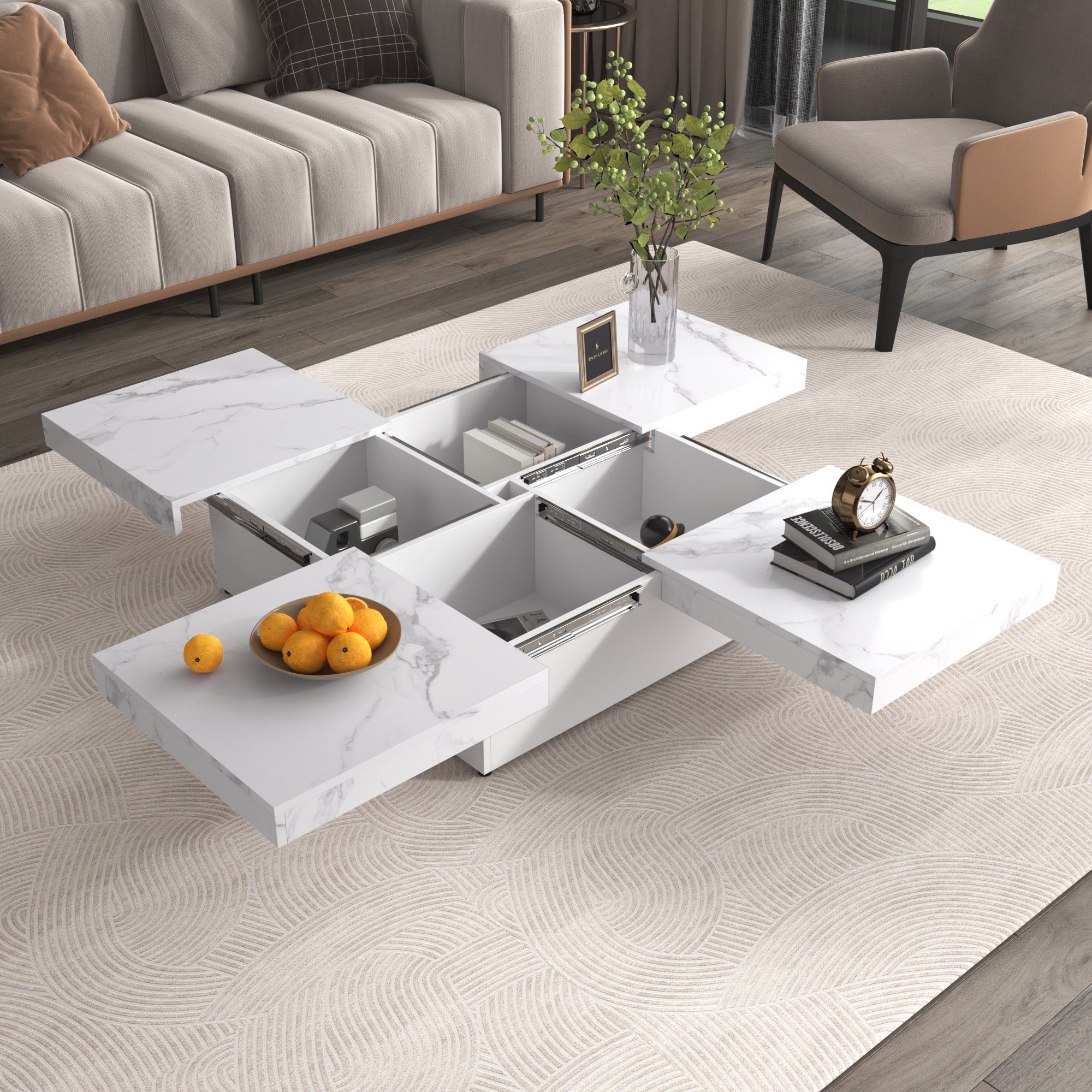 Square Marble Veneer Coffee Table Sliding Top With Storage In White 39.4'' White Primary Living Space Square Mdf