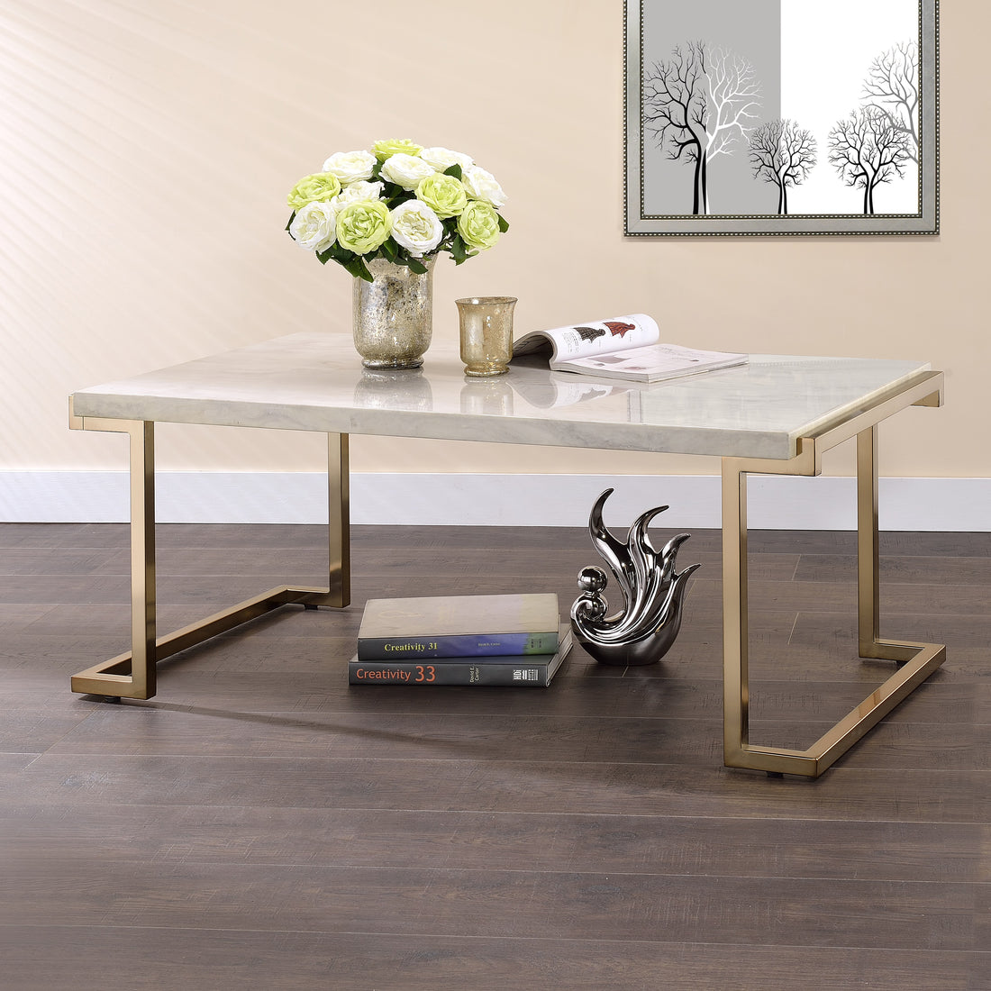 White And Champagne Sled Base Coffee Table White Gold Primary Living Space Contemporary Rectangular Wood Metal Sled