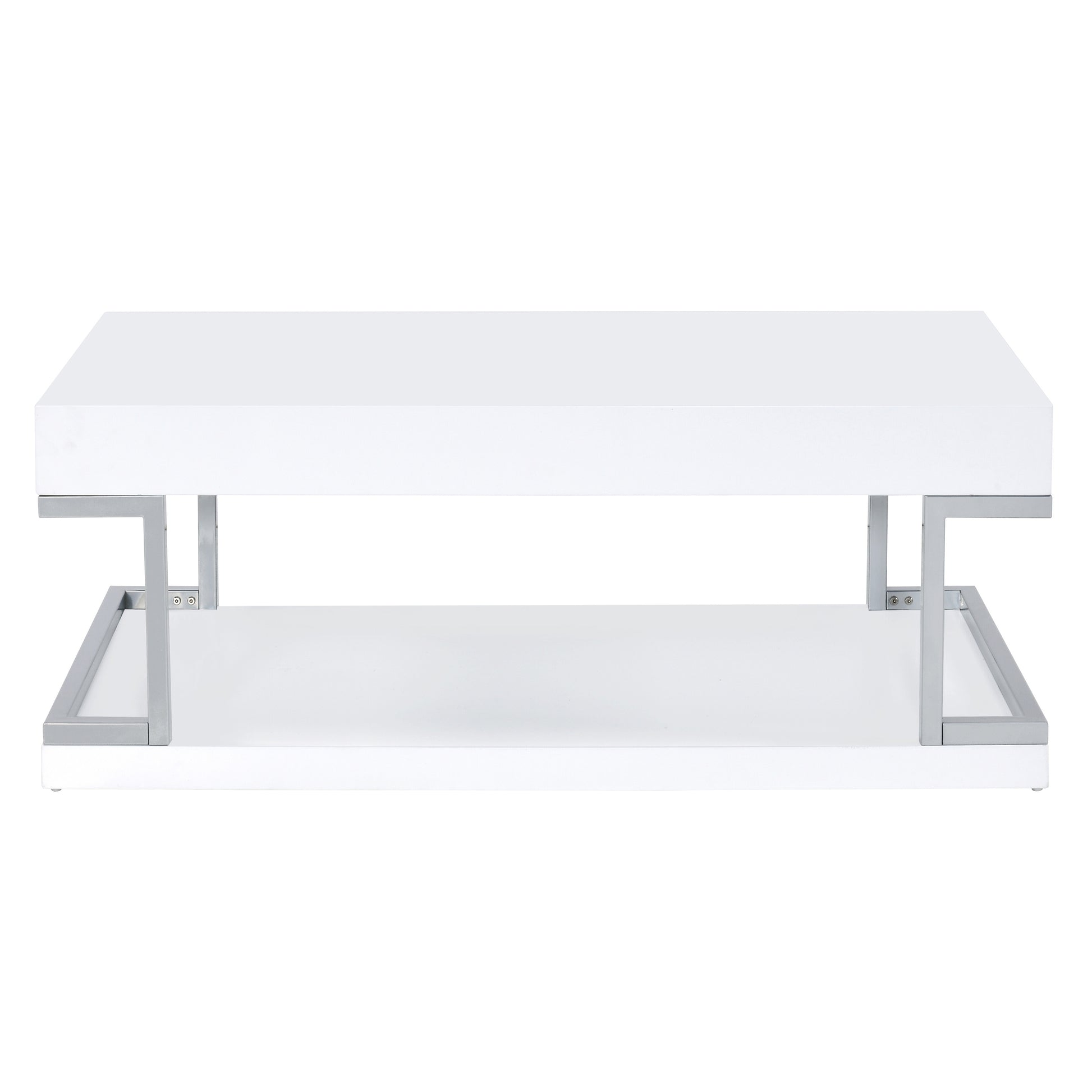 White High Gloss And Chrome Coffee Table With Bottom Shelf White Silver Primary Living Space Modern Shelves Rectangular Wood Metal Sled