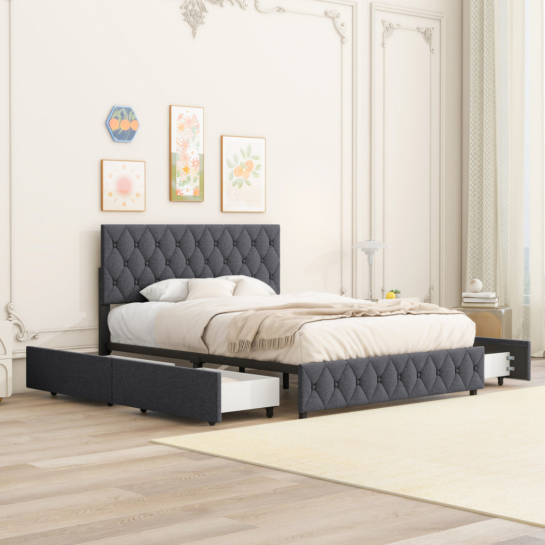 Queen Size Upholstered Platform Bed Frame With 4 Storage Drawers, Adjustable Linen Headboard, Wooden Slats Support, No Box Spring Needed, Easy Assembly,Grey Box Spring Not Required Queen Grey Wood Bedroom American Design Bed Frame Linen Linen