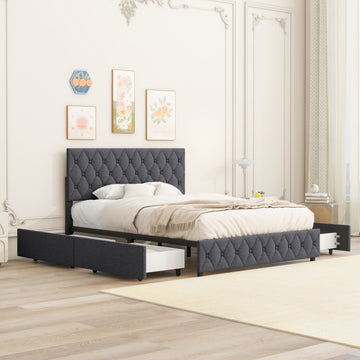 Queen Size Upholstered Platform Bed Frame With 4 Storage Drawers, Adjustable Linen Headboard, Wooden Slats Support, No Box Spring Needed, Easy Assembly,Grey Box Spring Not Required Queen Grey Wood Bedroom American Design Bed Frame Linen Linen