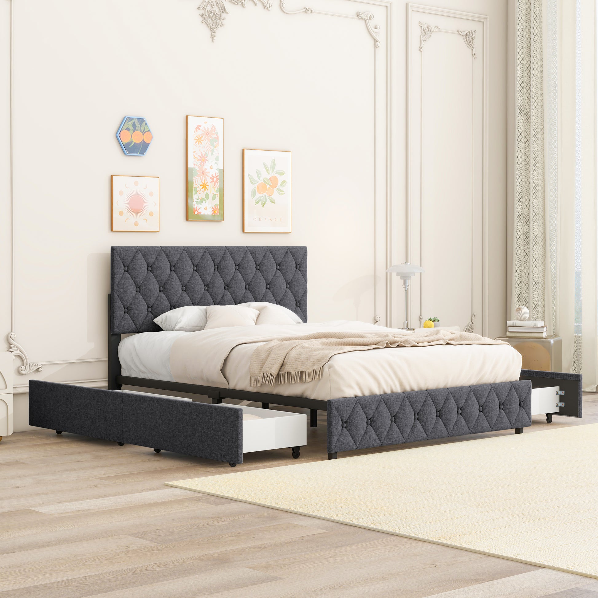 Full Size Upholstered Platform Bed Frame With 4 Storage Drawers, Adjustable Linen Headboard, Wooden Slats Support, No Box Spring Needed, Easy Assembly,Grey Box Spring Not Required Full Grey Wood Bedroom American Design Bed Frame Linen Linen