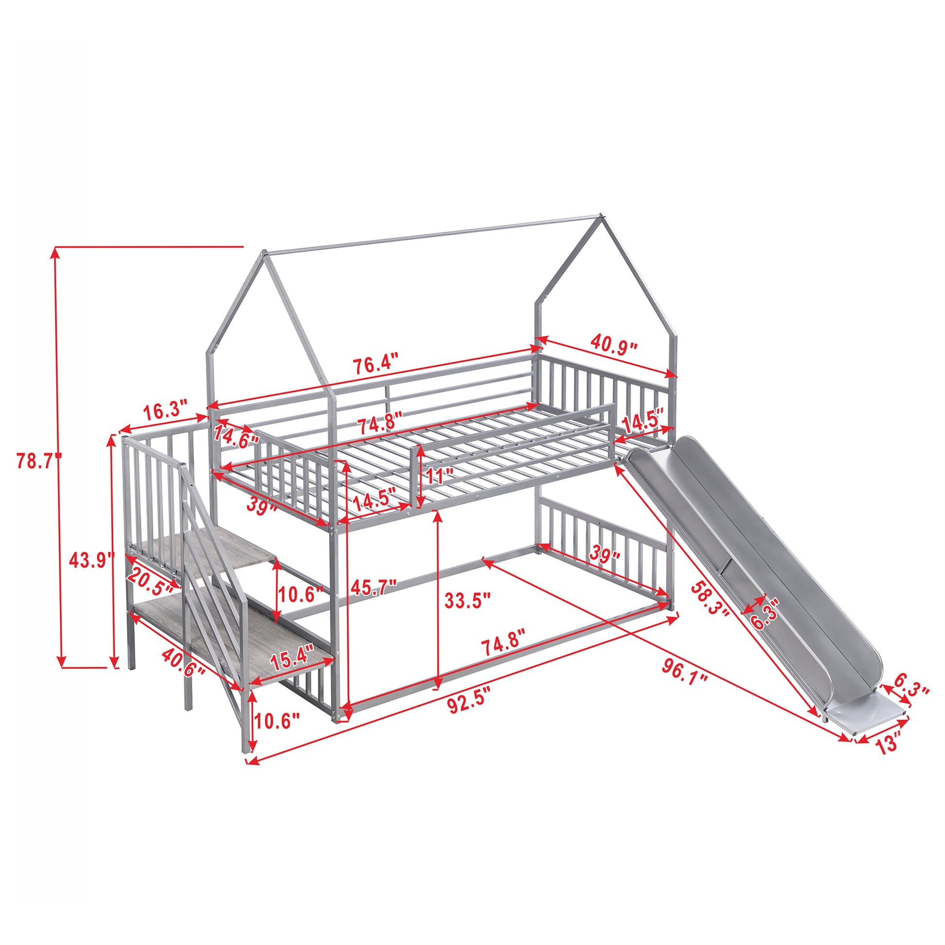 Twin Over Twin Metal Bunk Bed House Bed With Slide And Staircase, Silver Twin Silver Metal & Wood