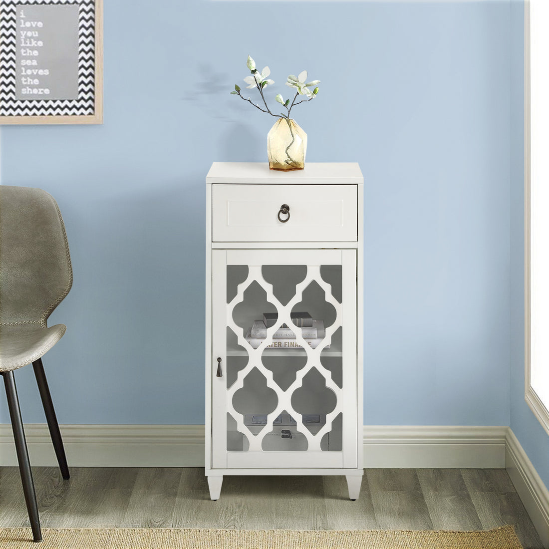 White Side Table With Drawer And Door - White