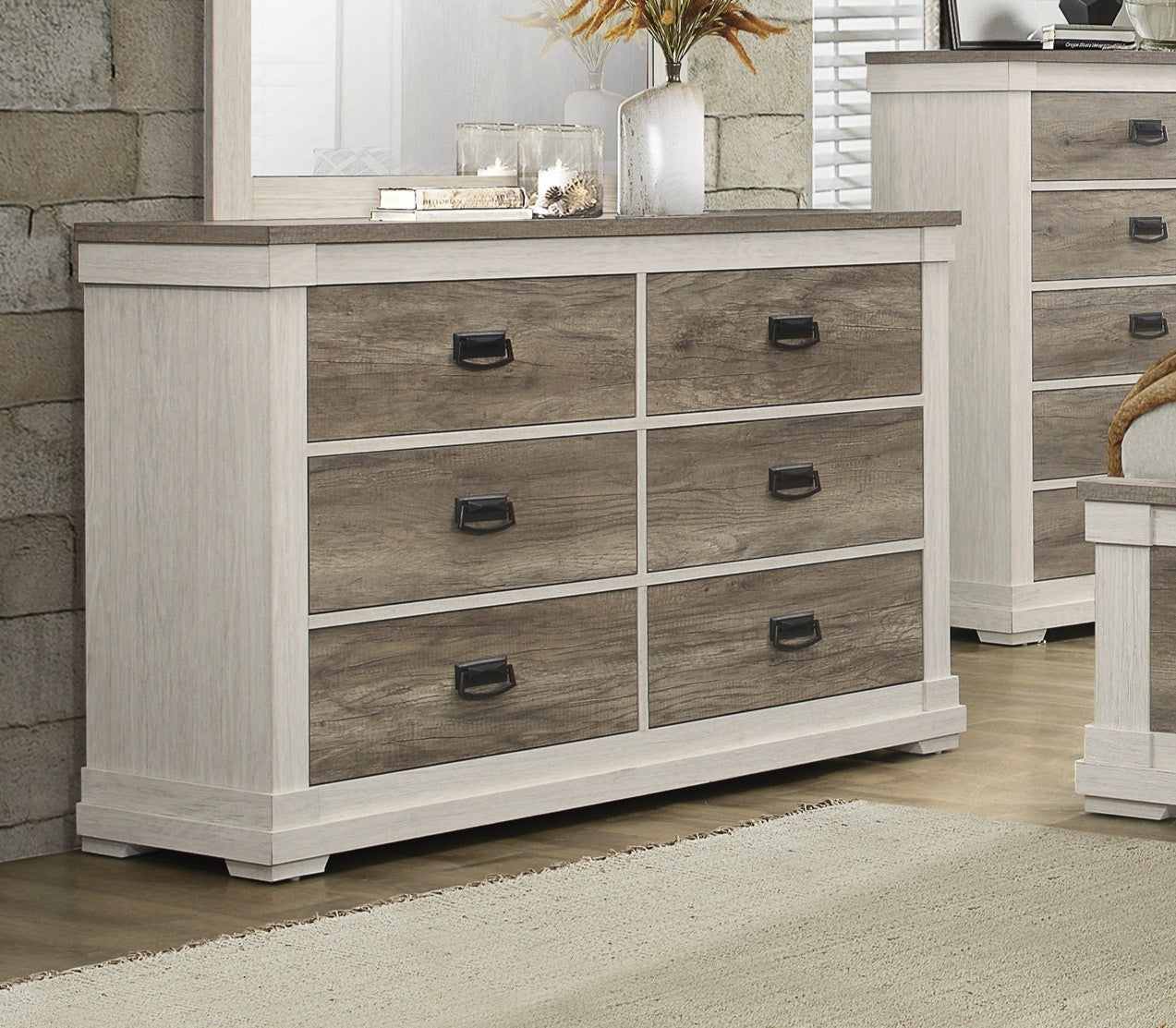 Beautiful White And Weathered Gray Transitional Style 1Pc Dresser Of 6 Drawers Antique Handles Bedroom Furniture Wooden White Gray Bedroom Transitional Wood