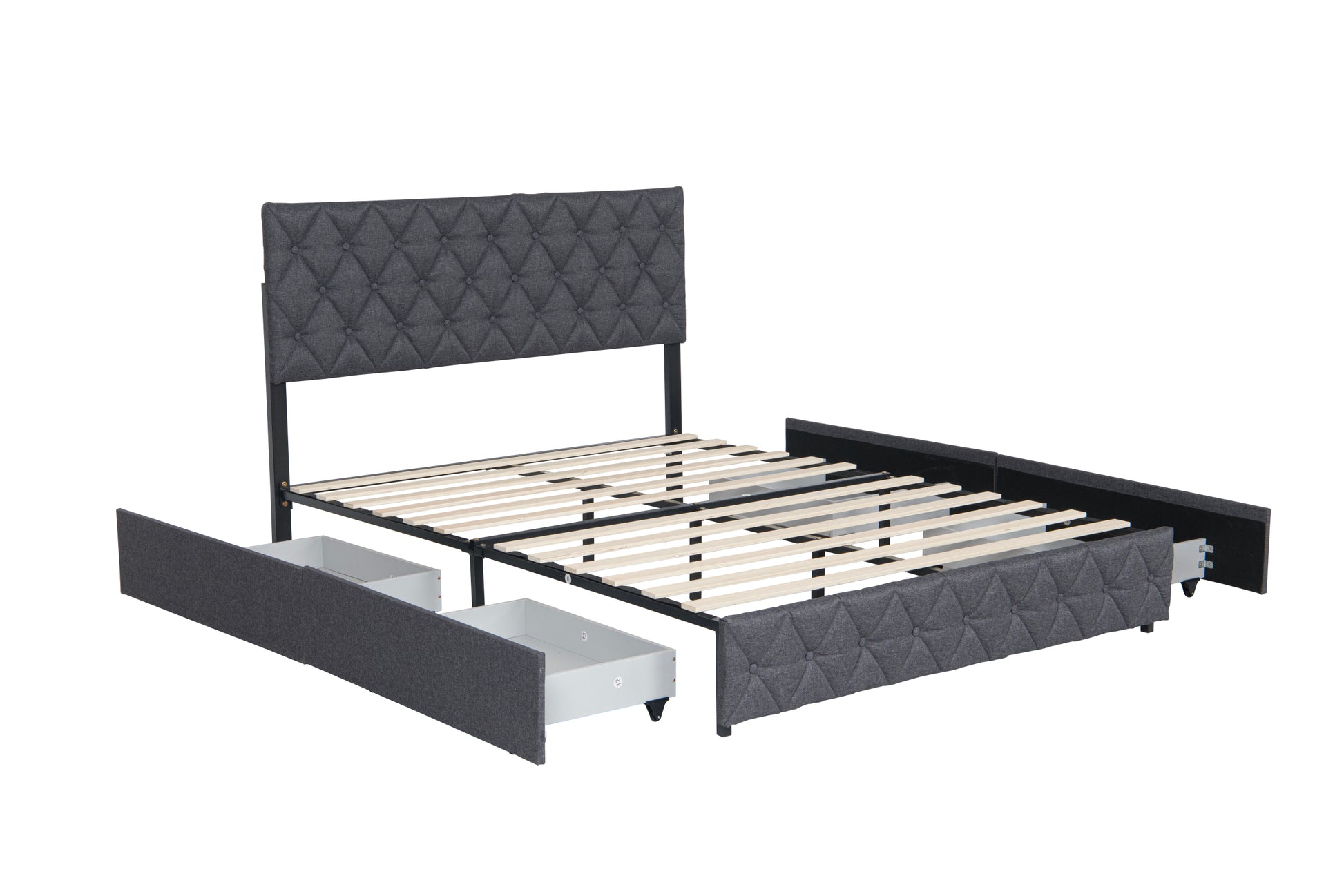 Queen Size Upholstered Platform Bed Frame With 4 Storage Drawers, Adjustable Linen Headboard, Wooden Slats Support, No Box Spring Needed, Easy Assembly,Grey Box Spring Not Required Queen Grey Wood Bedroom American Design Bed Frame Linen Linen