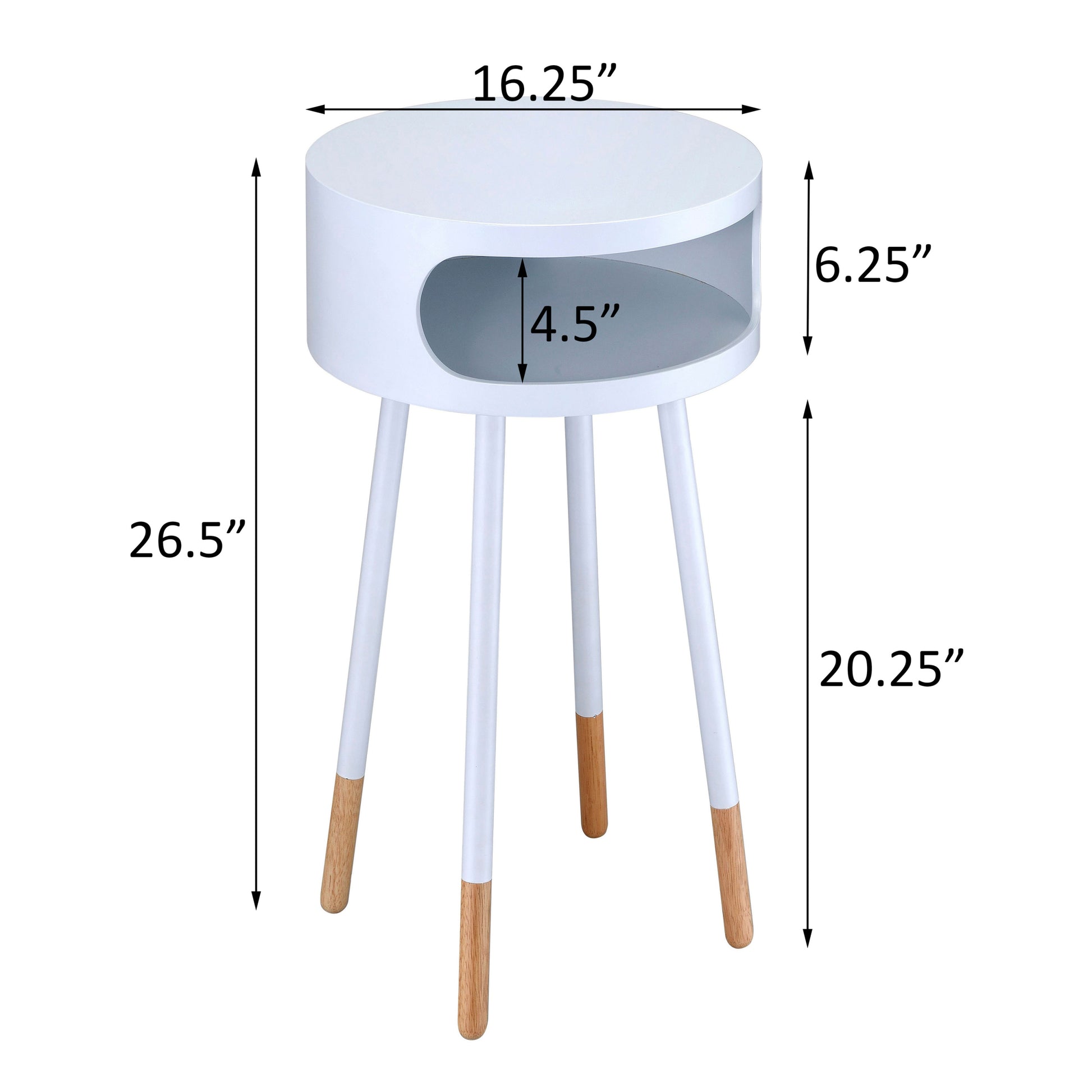 White And Natural Round 1 Shelf End Table White Primary Living Space Contemporary Shelves Round Wood Metal