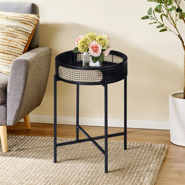 Black End Table With Tray Top Black Primary Living Space Modern Round Wood Metal