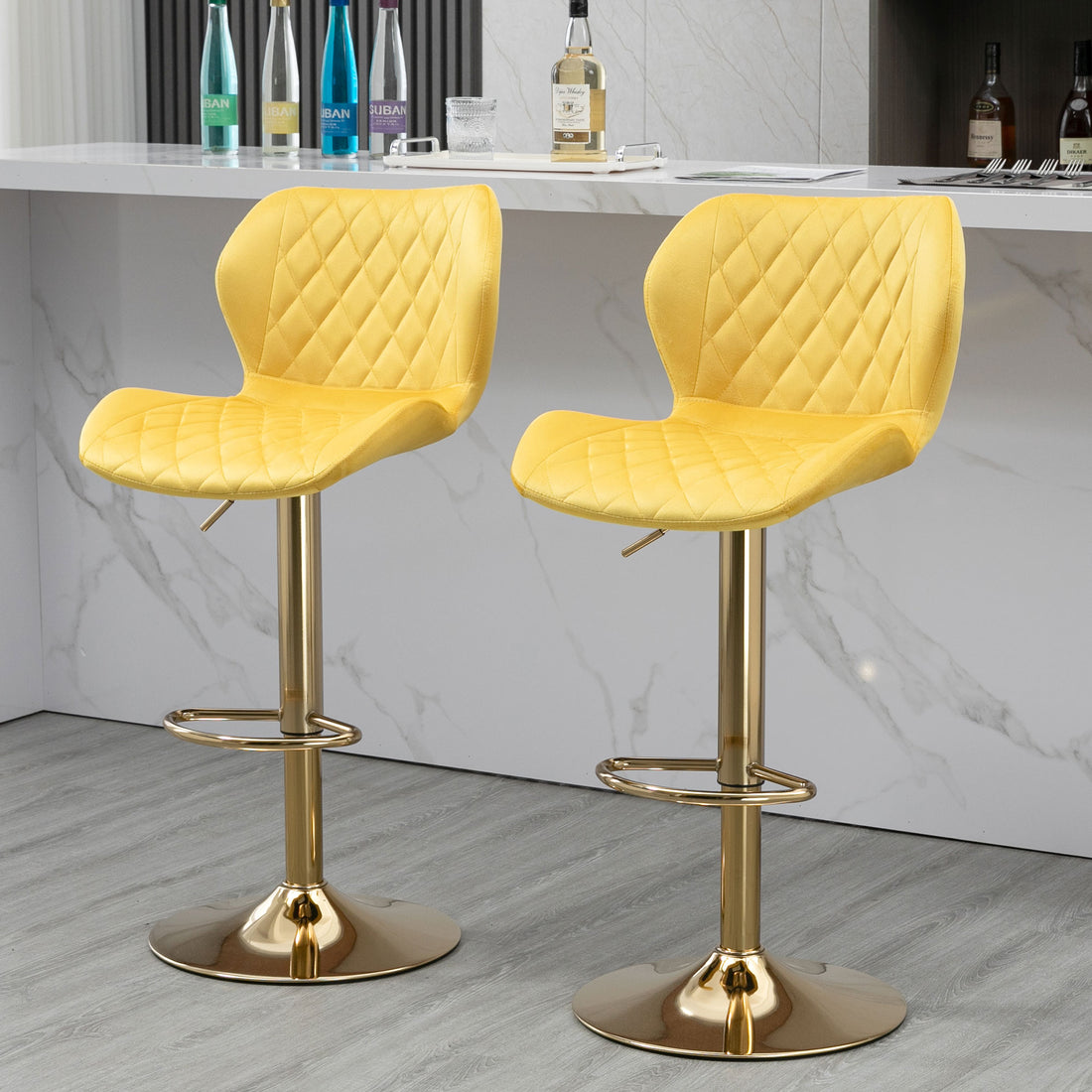 Yellow Velvet Adjustable Swivel Bar Stools Set Of 2 Modern Counter Height Barstools With Golden Color Base Yellow Primary Living Space Modern Bar Stools Foam Velvet