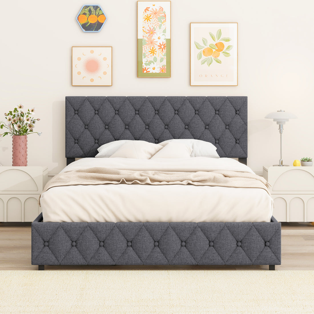 Full Size Upholstered Platform Bed Frame With 4 Storage Drawers, Adjustable Linen Headboard, Wooden Slats Support, No Box Spring Needed, Easy Assembly,Grey Box Spring Not Required Full Grey Wood Bedroom American Design Bed Frame Linen Linen
